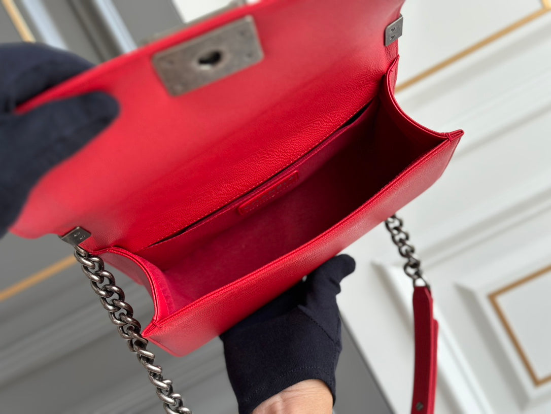 BOY 25 RED QUILTED CAVIAR RUTHENIUM HARDWARE