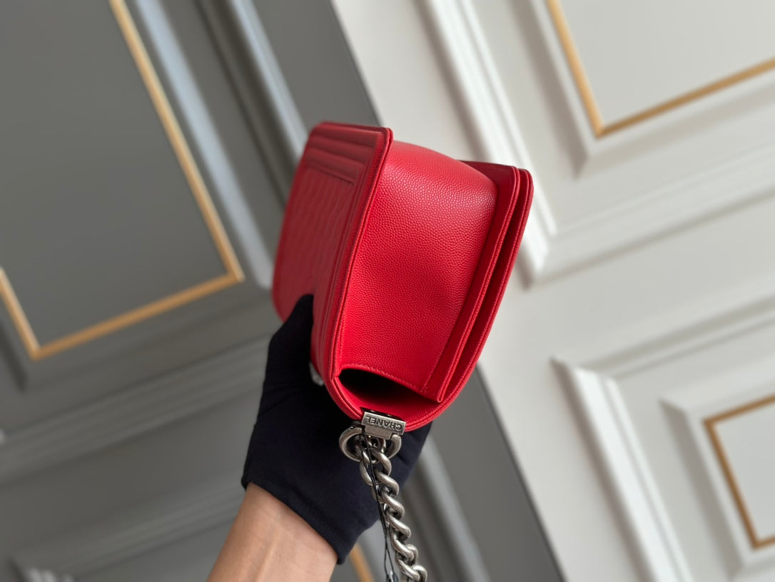 BOY 25 RED QUILTED CAVIAR RUTHENIUM HARDWARE
