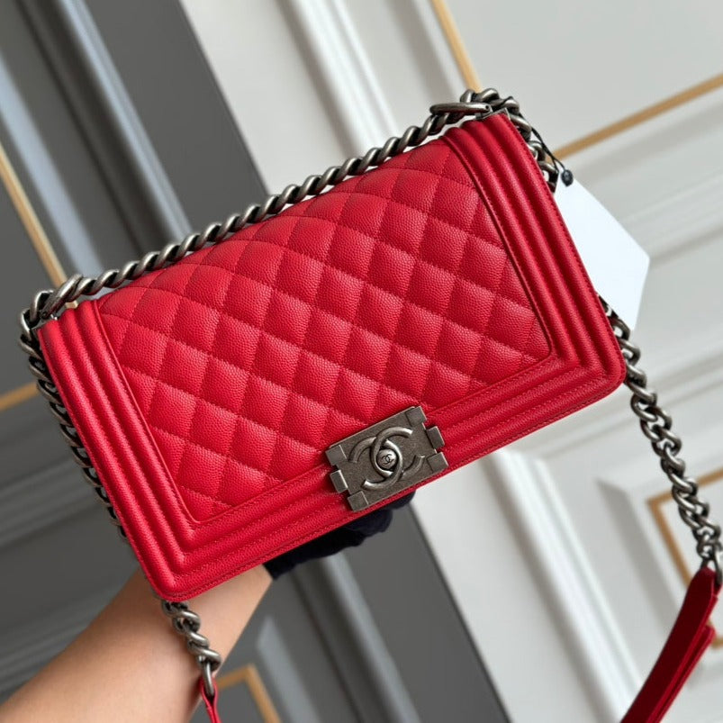 BOY 25 RED QUILTED CAVIAR RUTHENIUM HARDWARE