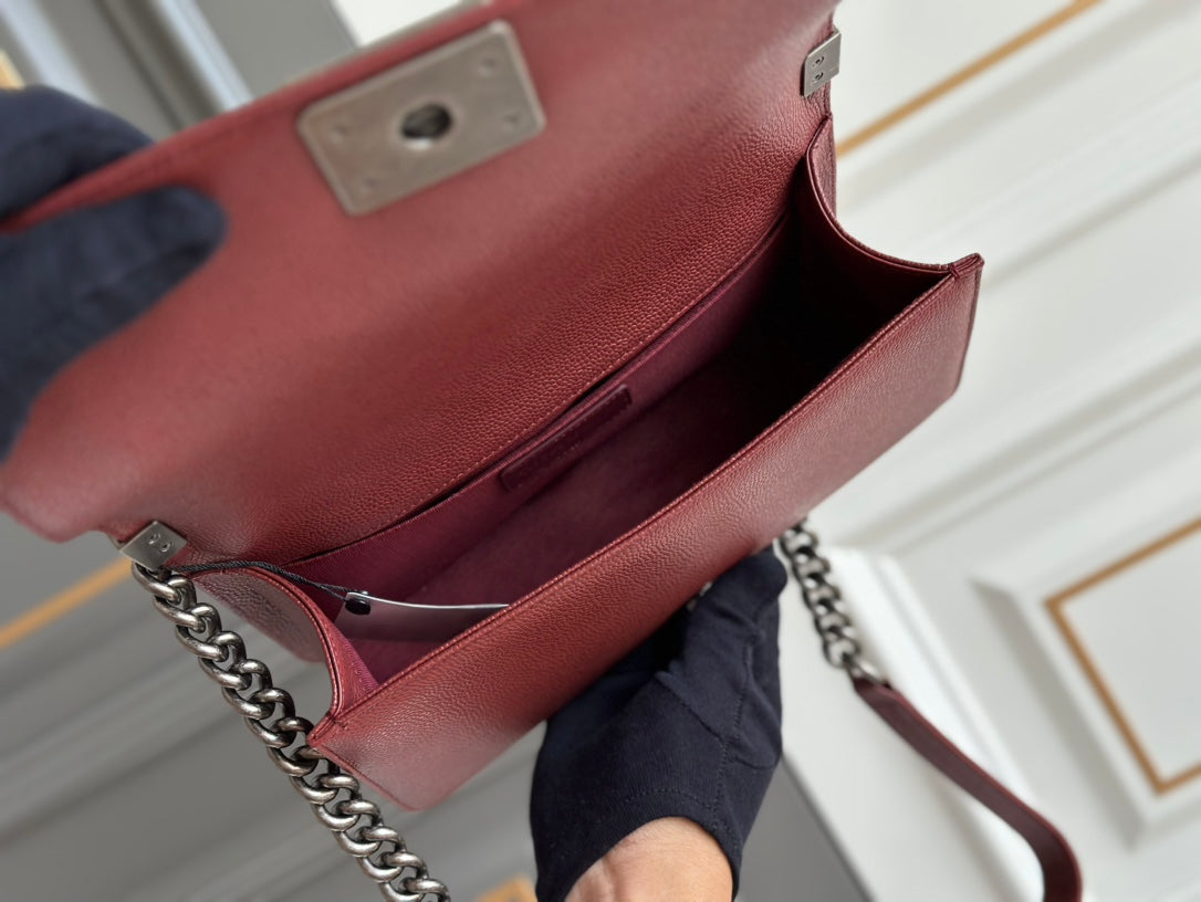 BOY MEDIUM 25 WINE QUILTED CAVIAR RUTHENIUM HARDWARE