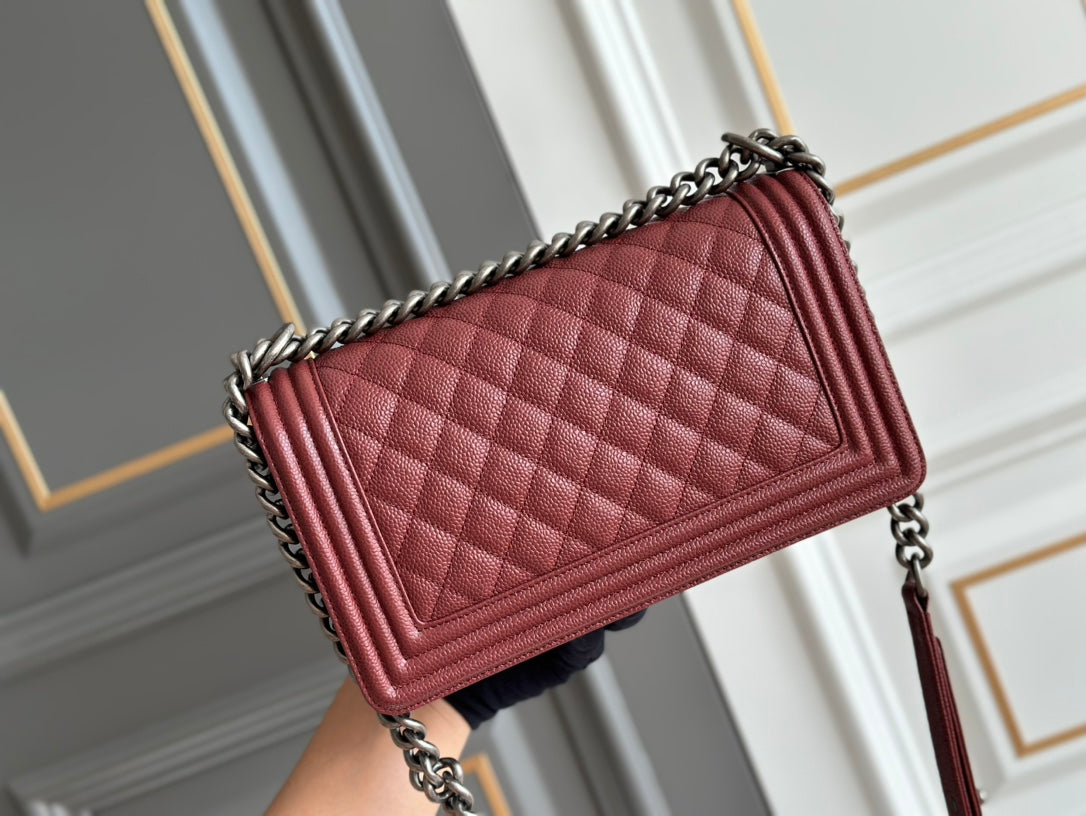 BOY MEDIUM 25 WINE QUILTED CAVIAR RUTHENIUM HARDWARE