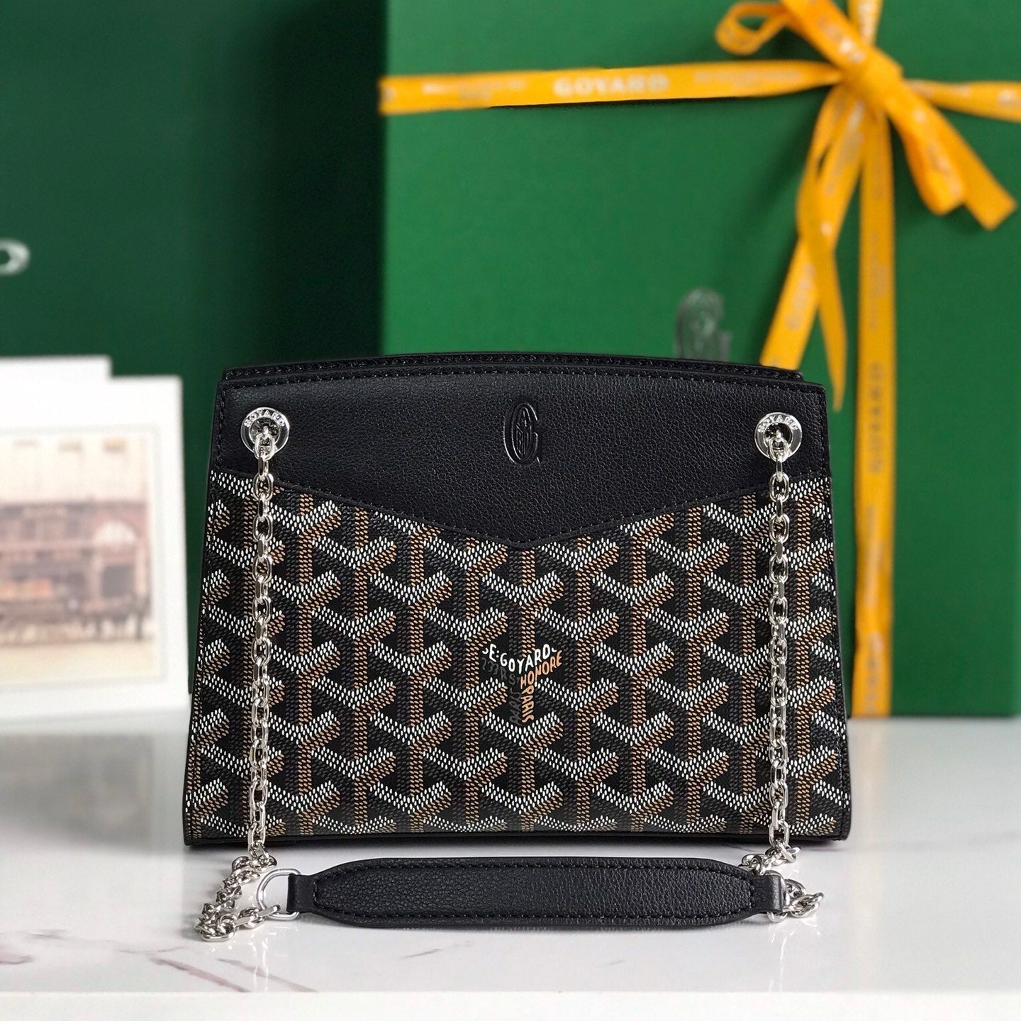 MINI SAC ROUETTE STRUCTURÉ 21 EN TOILE GOYARDINE NOIRE ET CUIR DE VEAU
