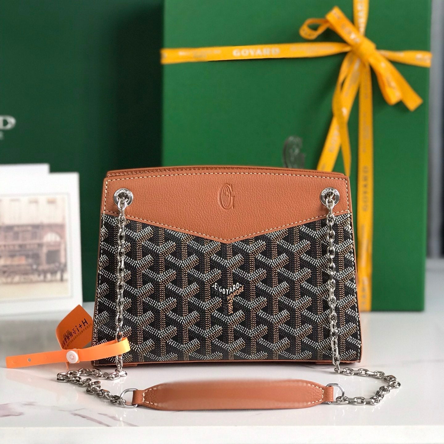 MINI SAC ROUETTE STRUCTURÉ 21 EN TOILE GOYARDINE NOIRE ET CUIR DE VEAU TAN