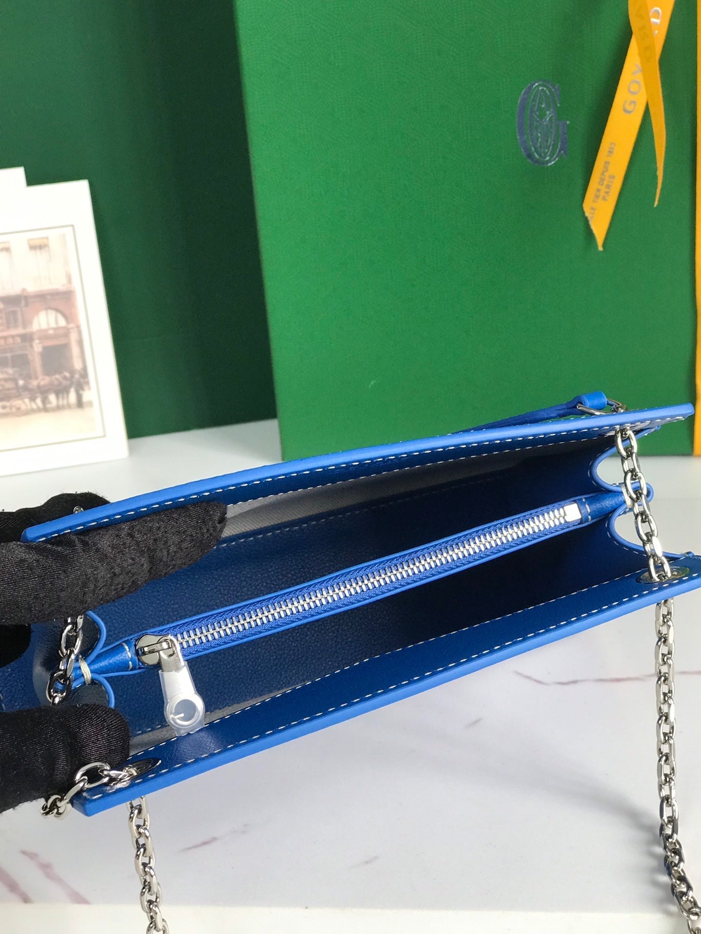 MINI SAC ROUETTE STRUCTURÉ 21 EN TOILE GOYARDINE BLEU SAPHIR ET CUIR DE VEAU