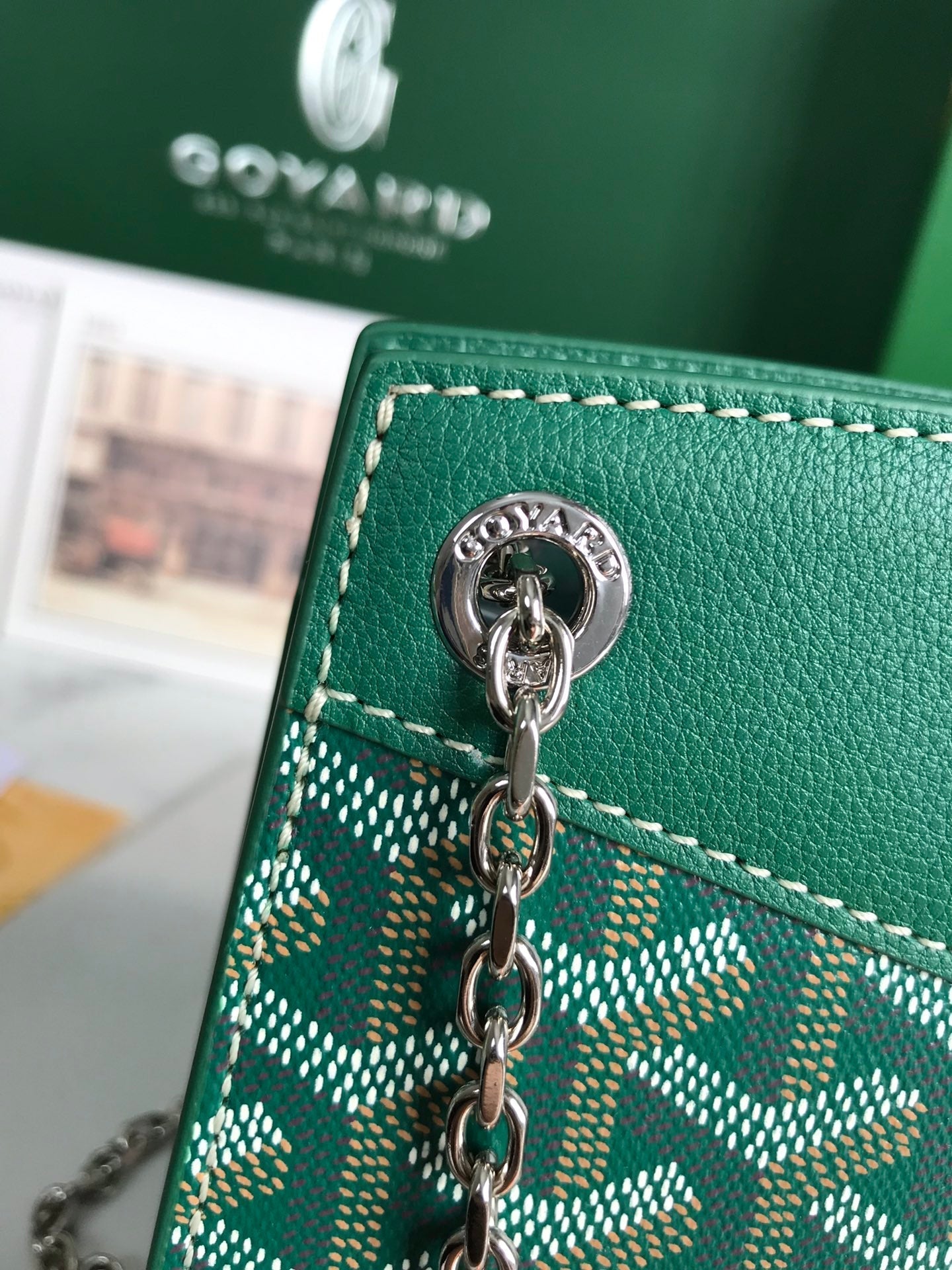 MINI SAC ROUETTE STRUCTURÉ 21 EN TOILE GOYARDINE VERTE ET CUIR DE VEAU