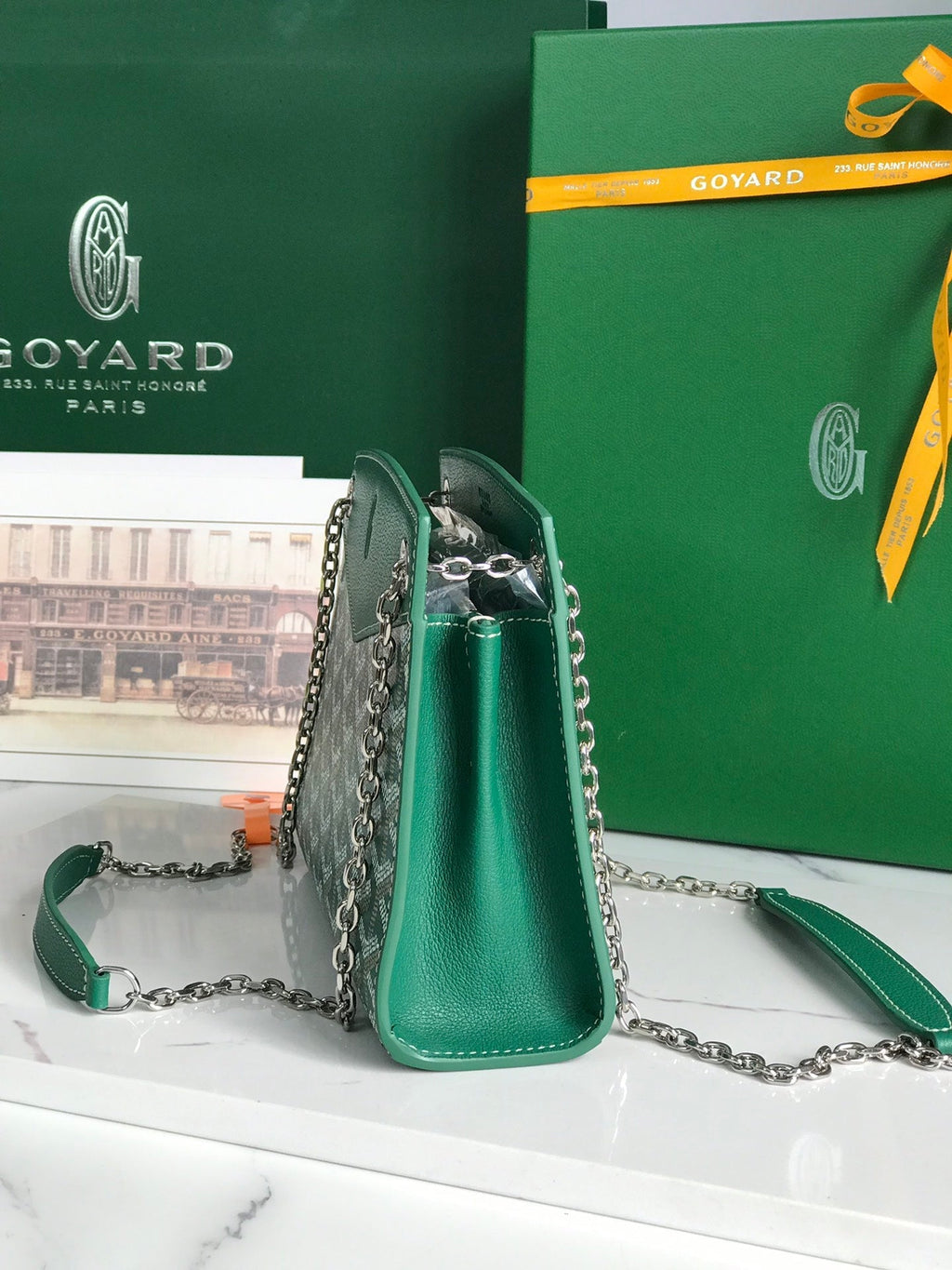 MINI SAC ROUETTE STRUCTURÉ 21 EN TOILE GOYARDINE VERTE ET CUIR DE VEAU
