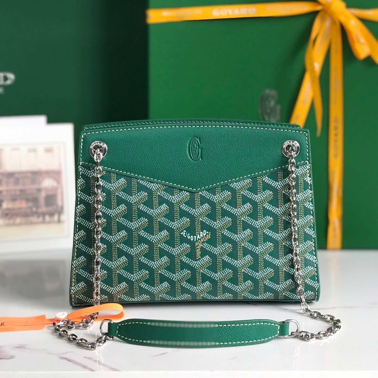 MINI SAC ROUETTE STRUCTURÉ 21 EN TOILE GOYARDINE VERTE ET CUIR DE VEAU