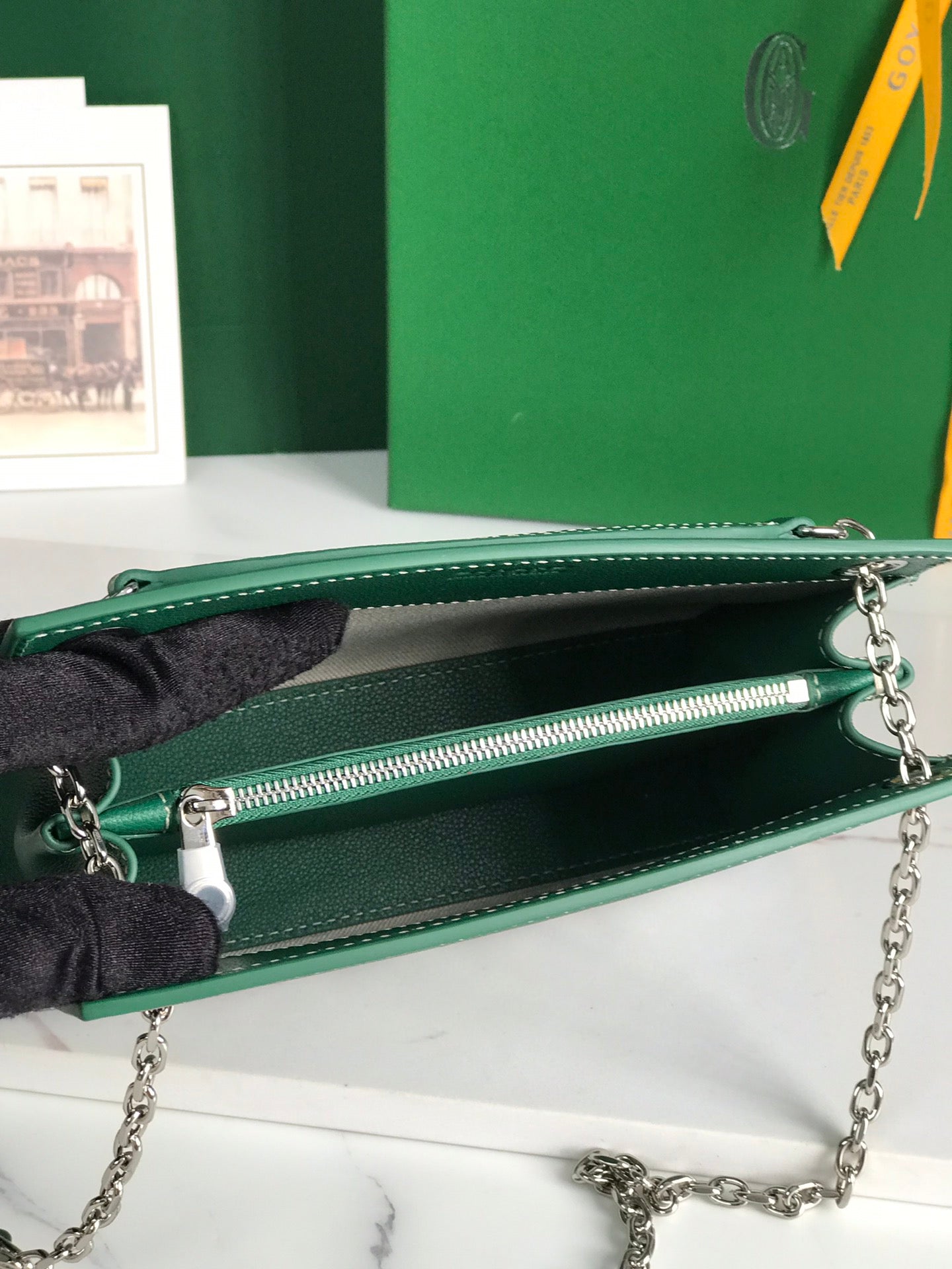 MINI SAC ROUETTE STRUCTURÉ 21 EN TOILE GOYARDINE VERTE ET CUIR DE VEAU