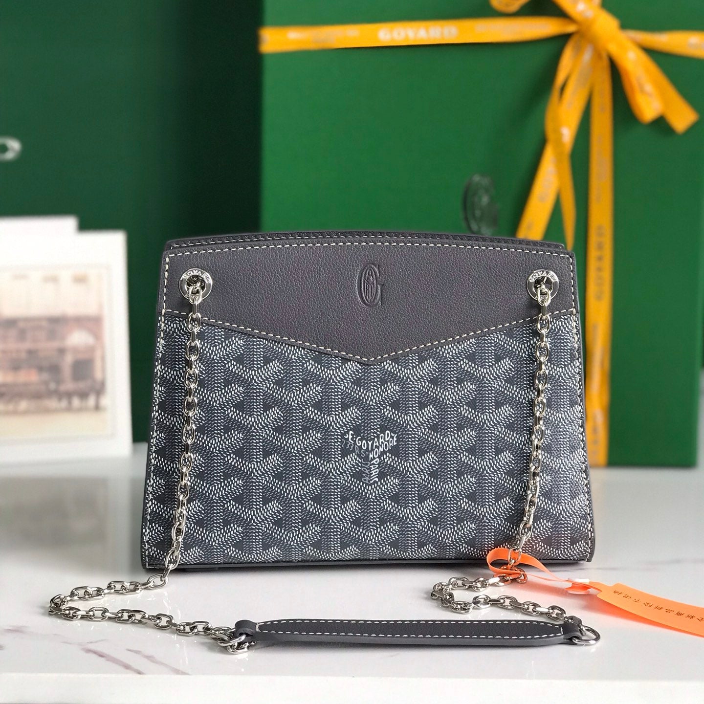 SAC ROUETTE STRUCTURÉ MINI 21 EN TOILE GOYARDINE GRIS NOIR ET CUIR DE VEAU