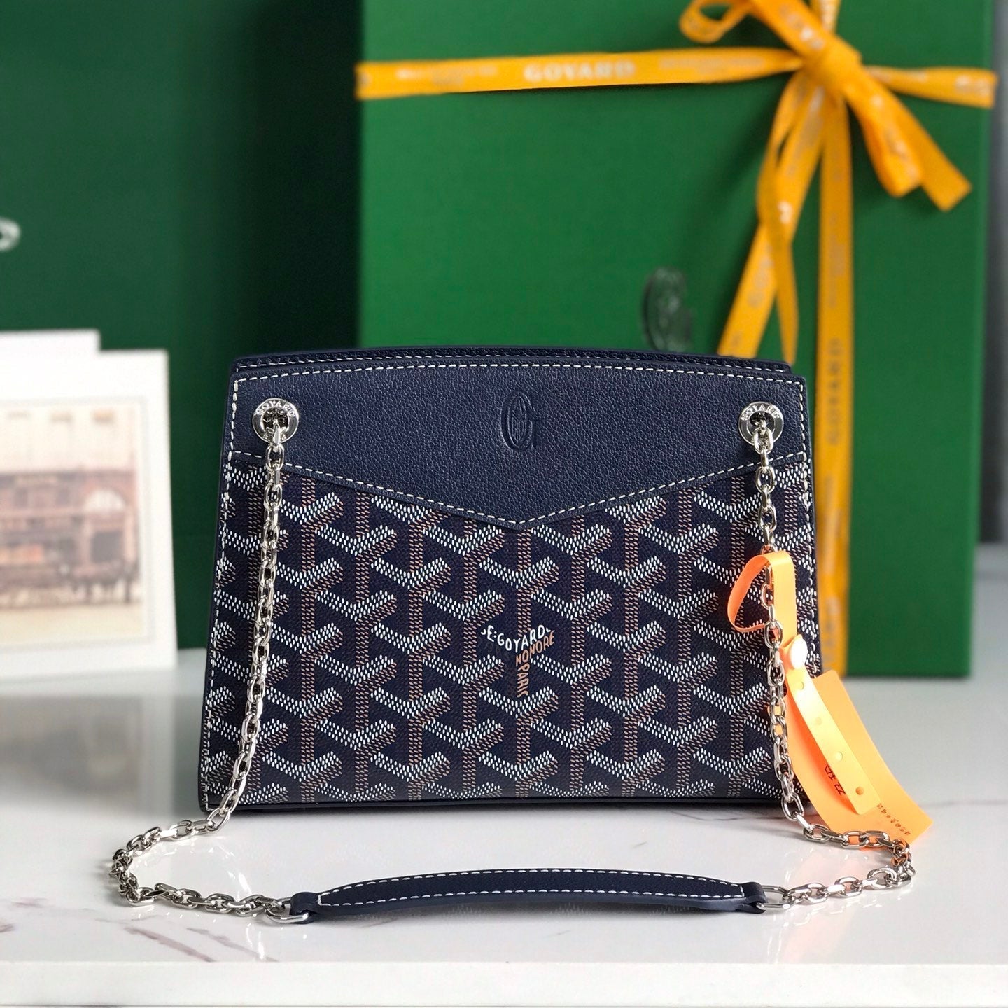 MINI SAC ROUETTE STRUCTURÉ 21 EN TOILE GOYARDINE ET CUIR DE VEAU BLEU MARINE