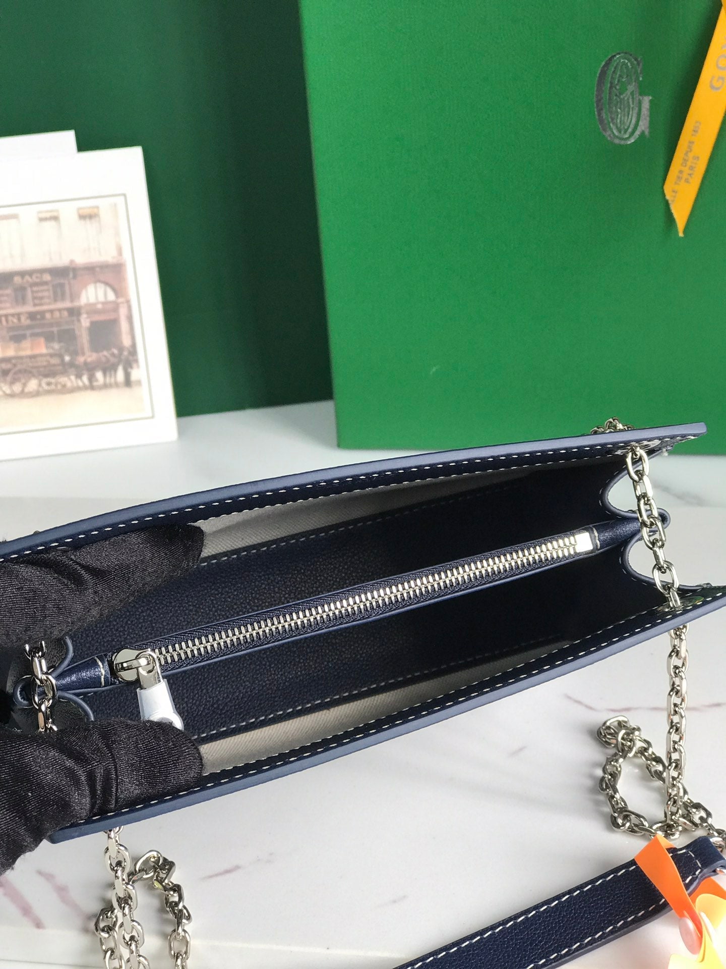MINI SAC ROUETTE STRUCTURÉ 21 EN TOILE GOYARDINE ET CUIR DE VEAU BLEU MARINE