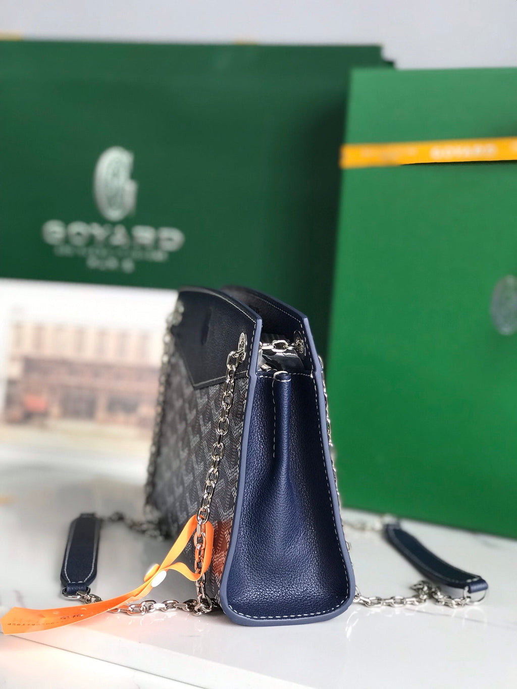 MINI SAC ROUETTE STRUCTURÉ 21 EN TOILE GOYARDINE ET CUIR DE VEAU BLEU MARINE