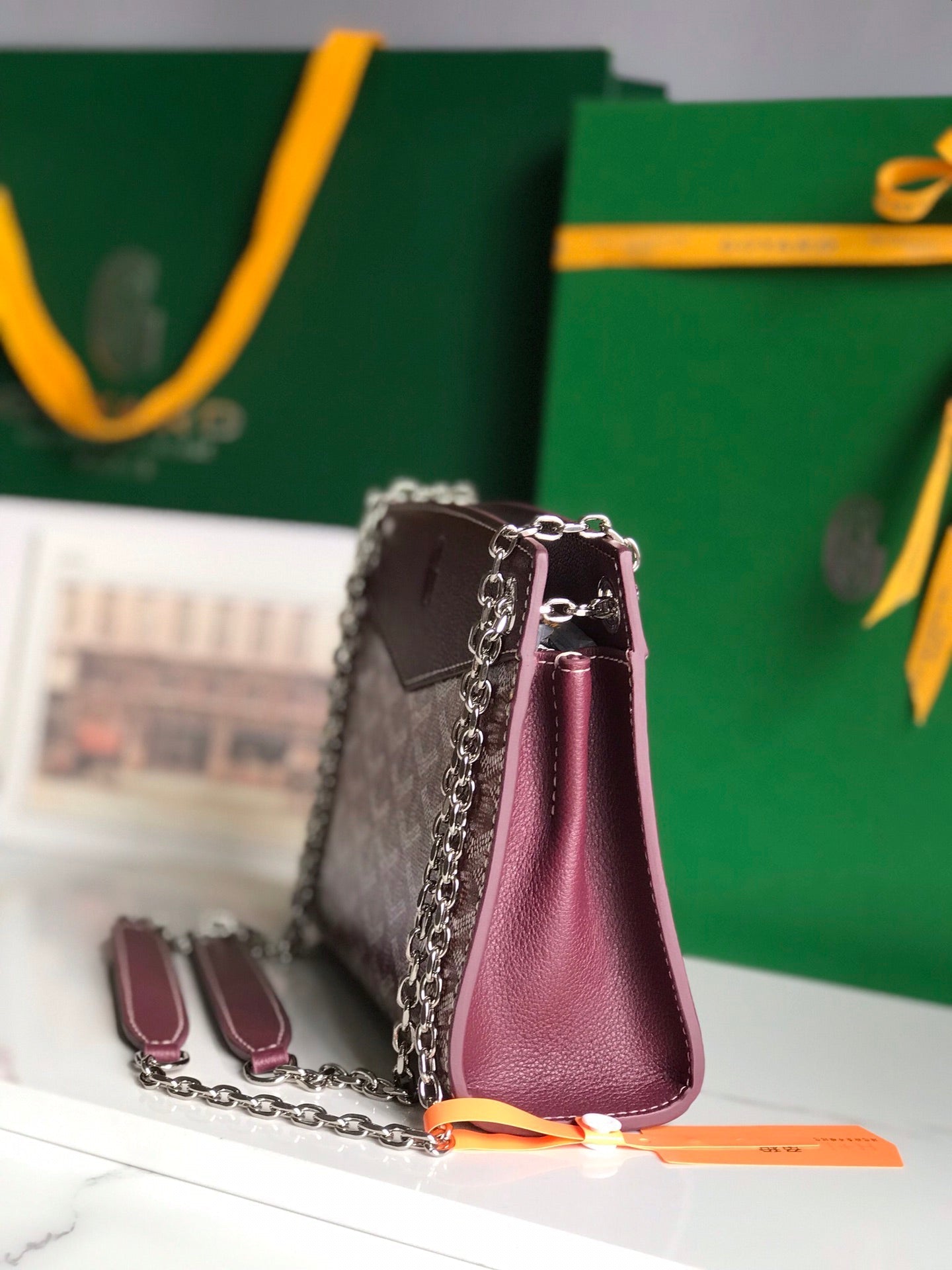 MINI SAC ROUETTE STRUCTURÉ 21 EN TOILE GOYARDINE VIN ET CUIR DE VEAU