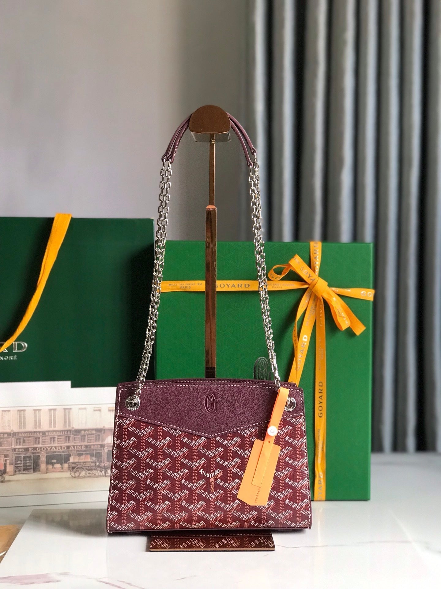 MINI SAC ROUETTE STRUCTURÉ 21 EN TOILE GOYARDINE VIN ET CUIR DE VEAU