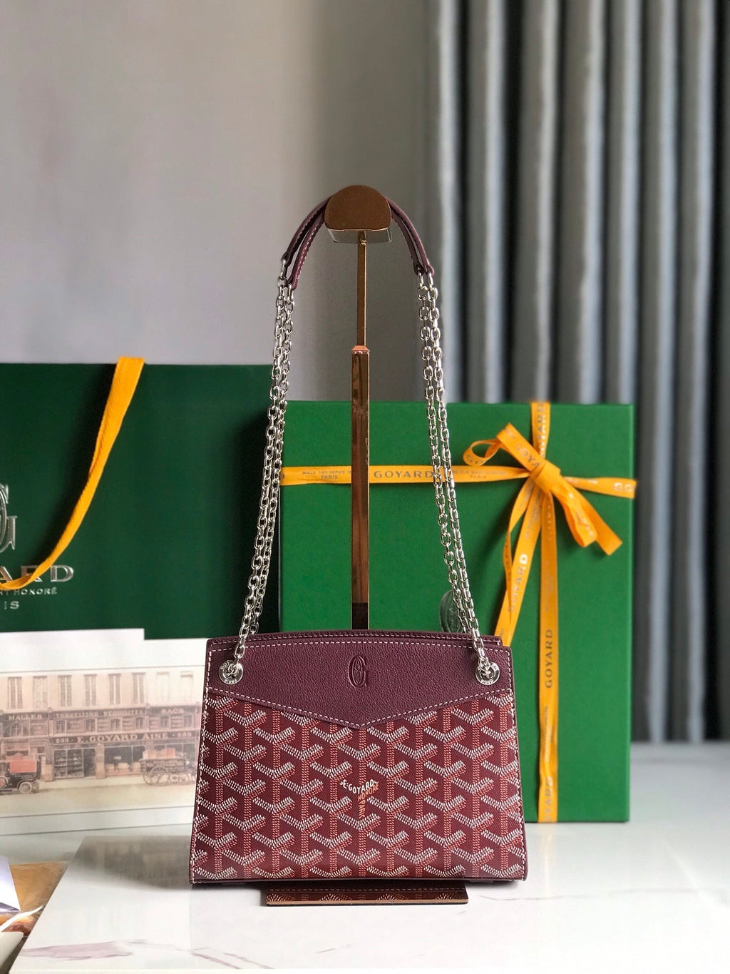 MINI SAC ROUETTE STRUCTURÉ 21 EN TOILE GOYARDINE VIN ET CUIR DE VEAU