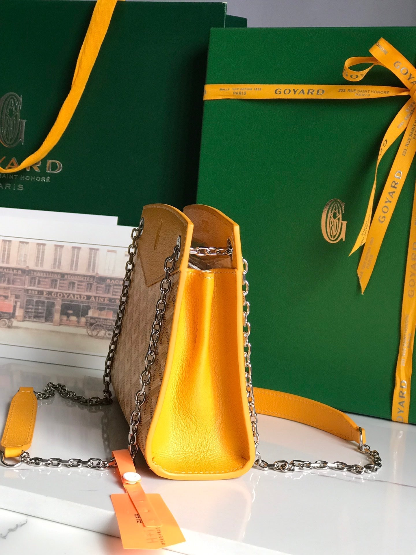 MINI SAC ROUETTE STRUCTURÉ 21 EN TOILE GOYARDINE JAUNE ET CUIR DE VEAU