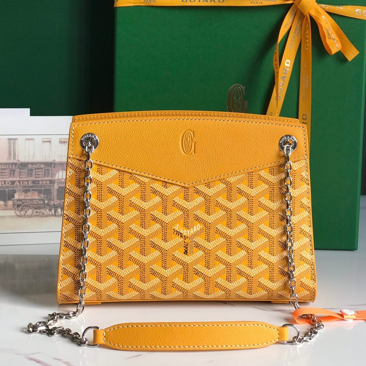 MINI SAC ROUETTE STRUCTURÉ 21 EN TOILE GOYARDINE JAUNE ET CUIR DE VEAU