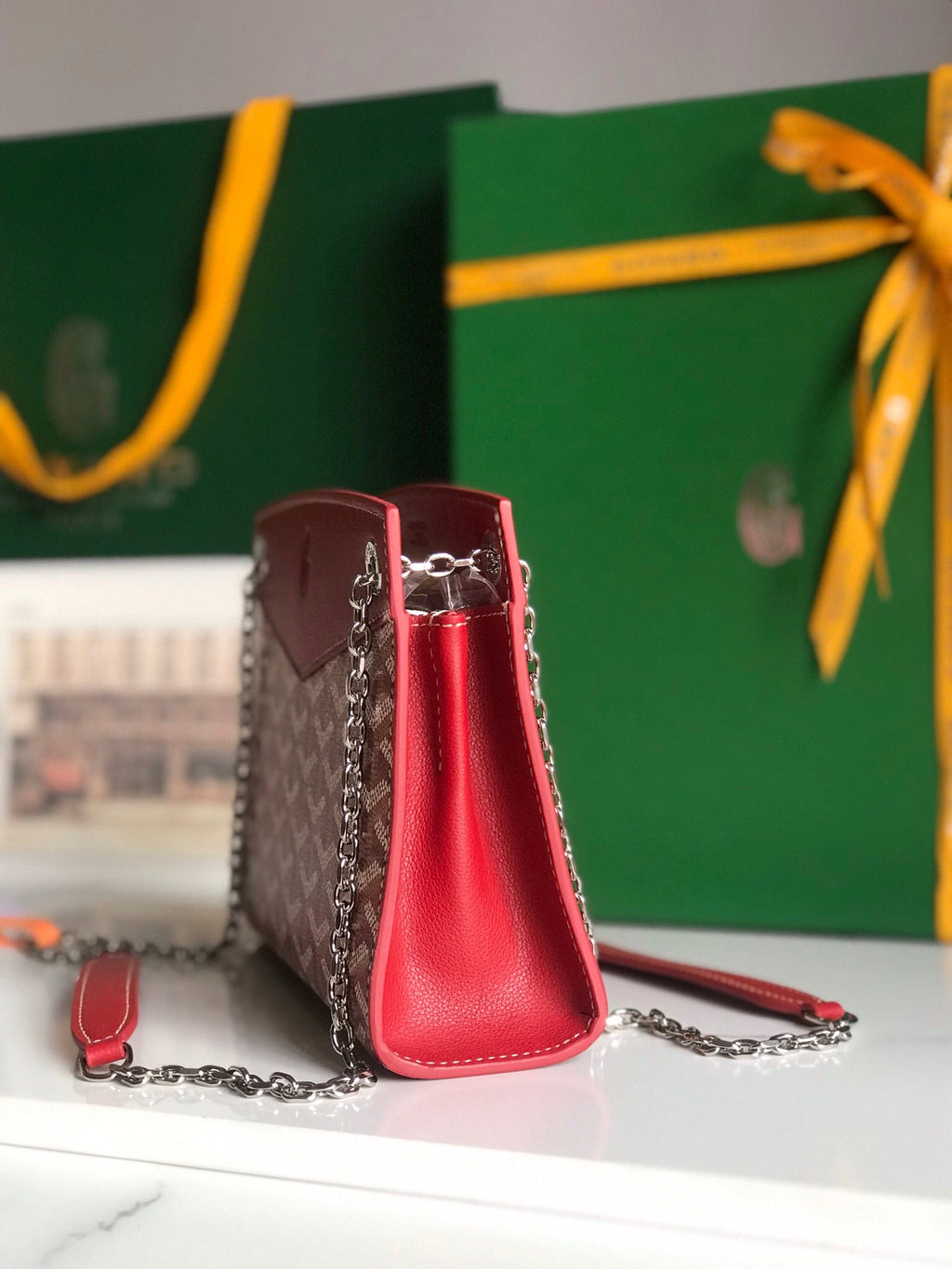 SAC ROUETTE STRUCTURÉ MINI 21 EN TOILE GOYARDINE ROUGE CLASSIQUE ET CUIR DE VEAU