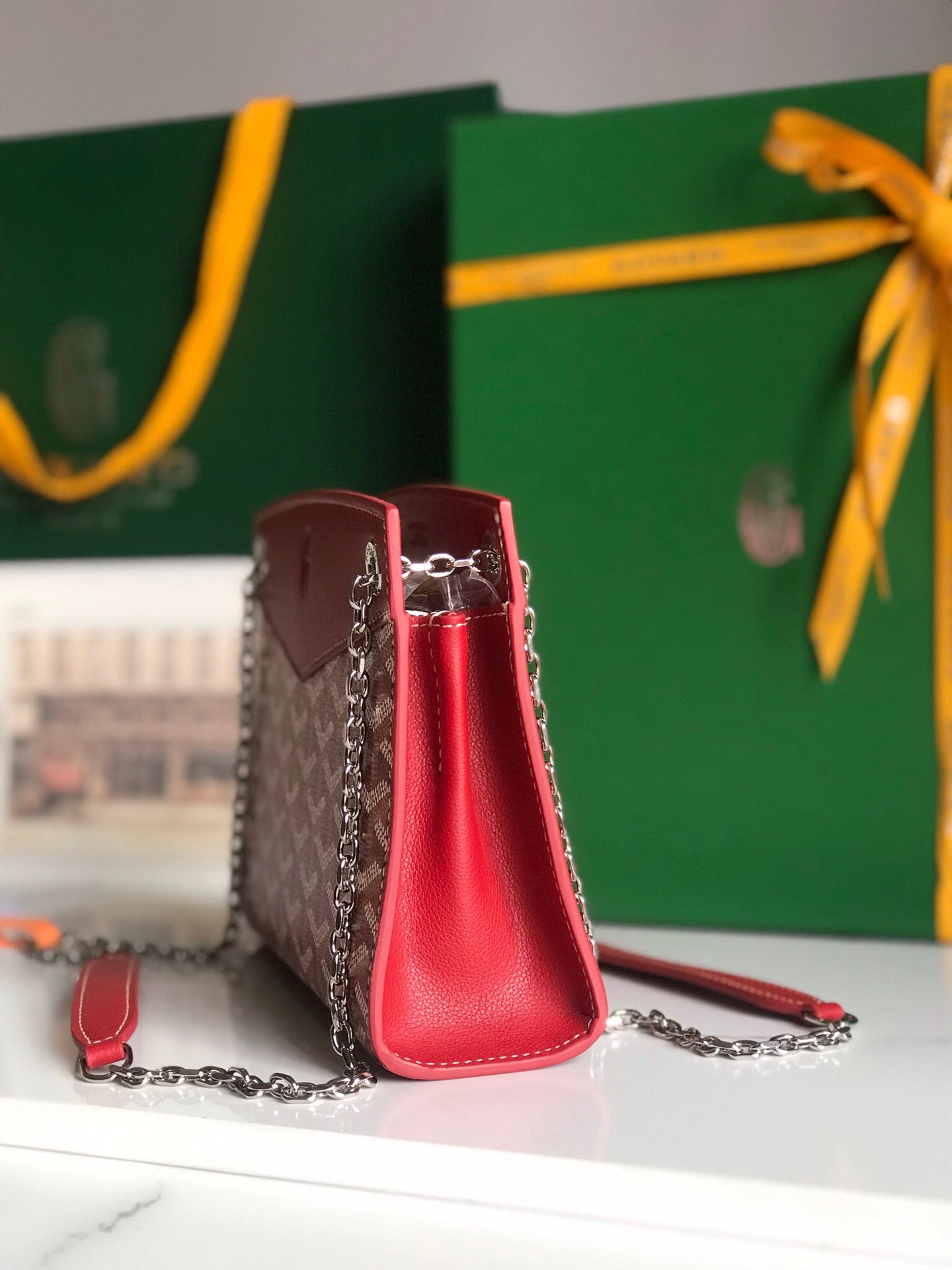 SAC ROUETTE STRUCTURÉ MINI 21 EN TOILE GOYARDINE ROUGE CLASSIQUE ET CUIR DE VEAU