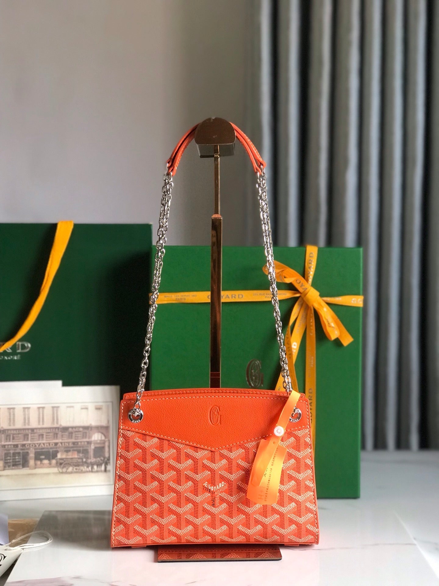 MINI SAC ROUETTE STRUCTURÉ 21 EN TOILE GOYARDINE ORANGE ET CUIR DE VEAU