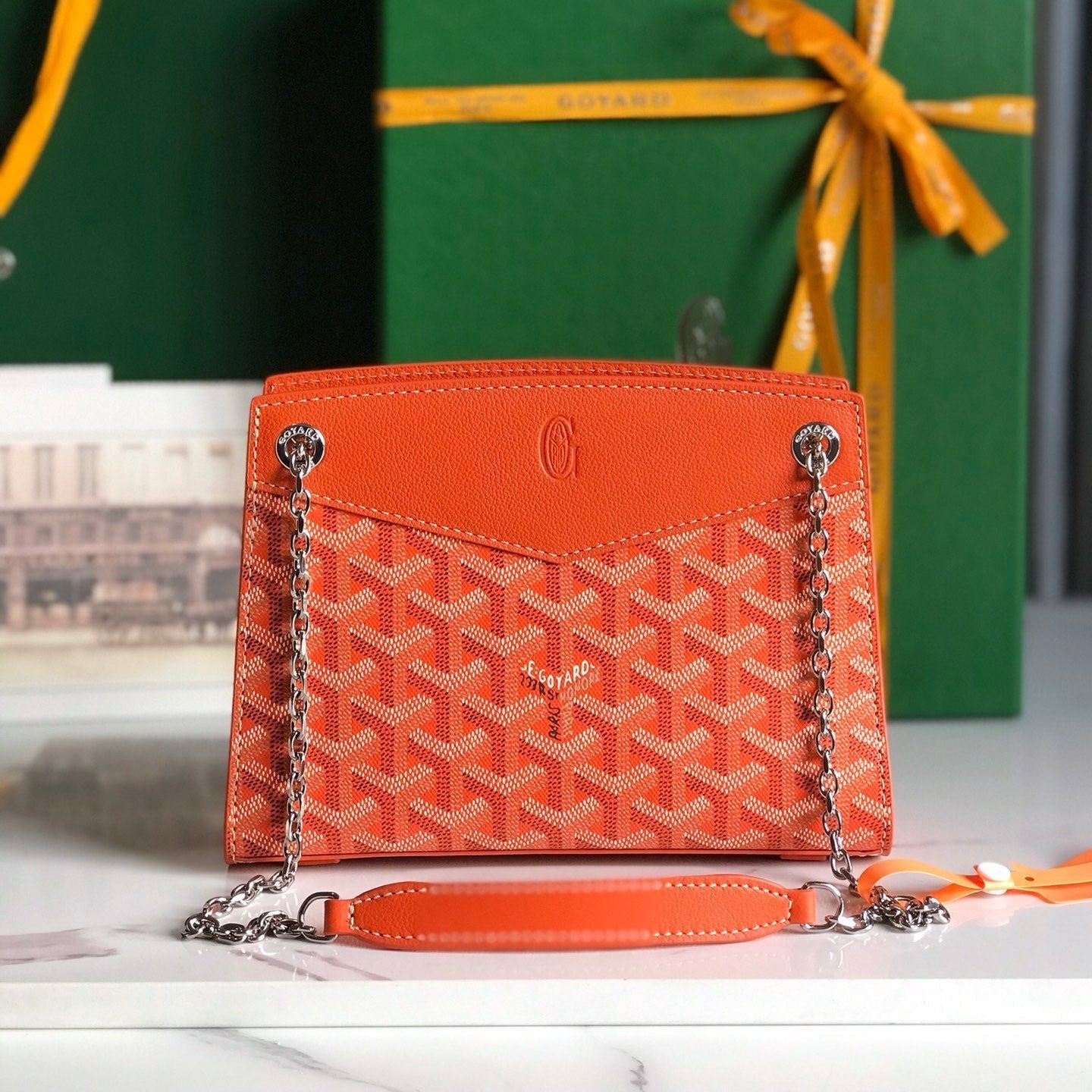 MINI SAC ROUETTE STRUCTURÉ 21 EN TOILE GOYARDINE ORANGE ET CUIR DE VEAU
