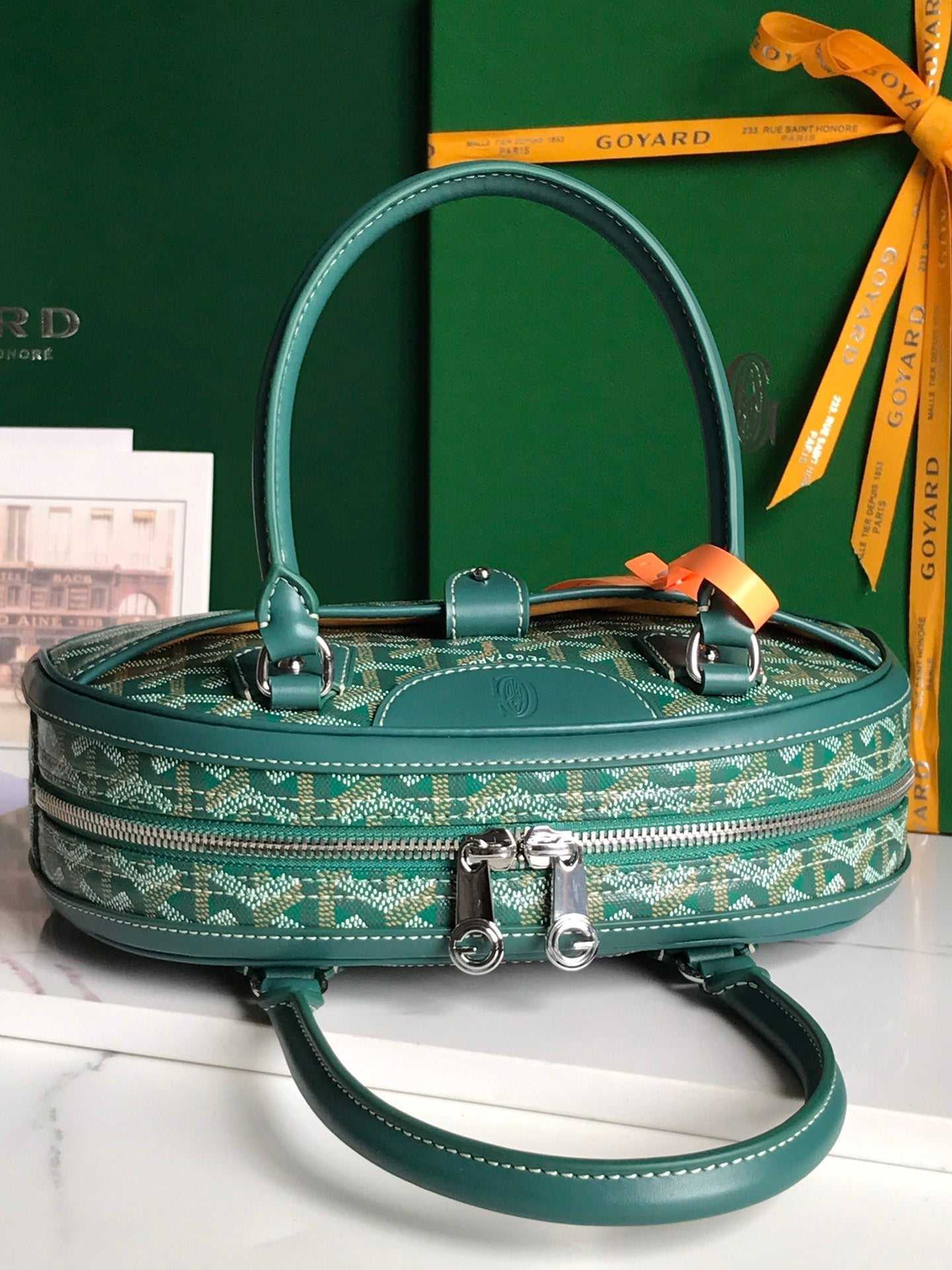 SAINT JEANNE MINI SAC 26 EN TOILE GOYARDINE VERTE ET CUIR DE VEAU