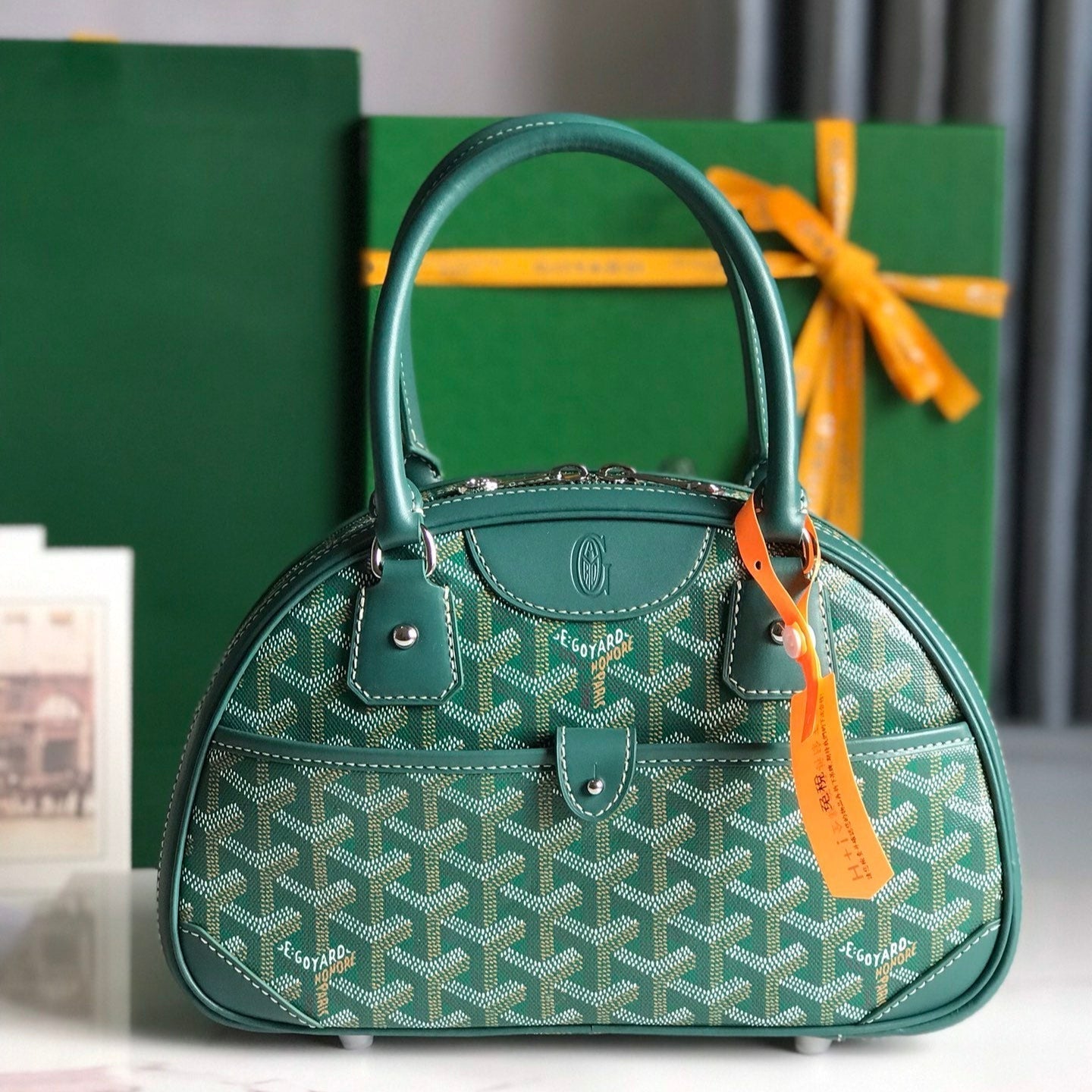 SAINT JEANNE MINI SAC 26 EN TOILE GOYARDINE VERTE ET CUIR DE VEAU