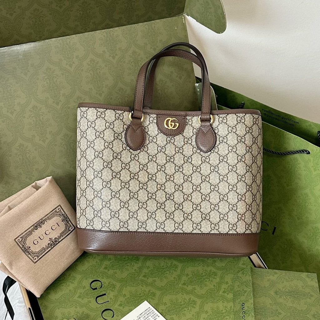 OPHIDIA PETIT SAC CABAS 31 TOILE BEIGE ET CUIR DE VEAU MARRON