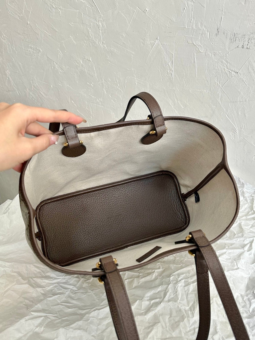 OPHIDIA PETIT SAC CABAS 31 TOILE BEIGE ET CUIR DE VEAU MARRON