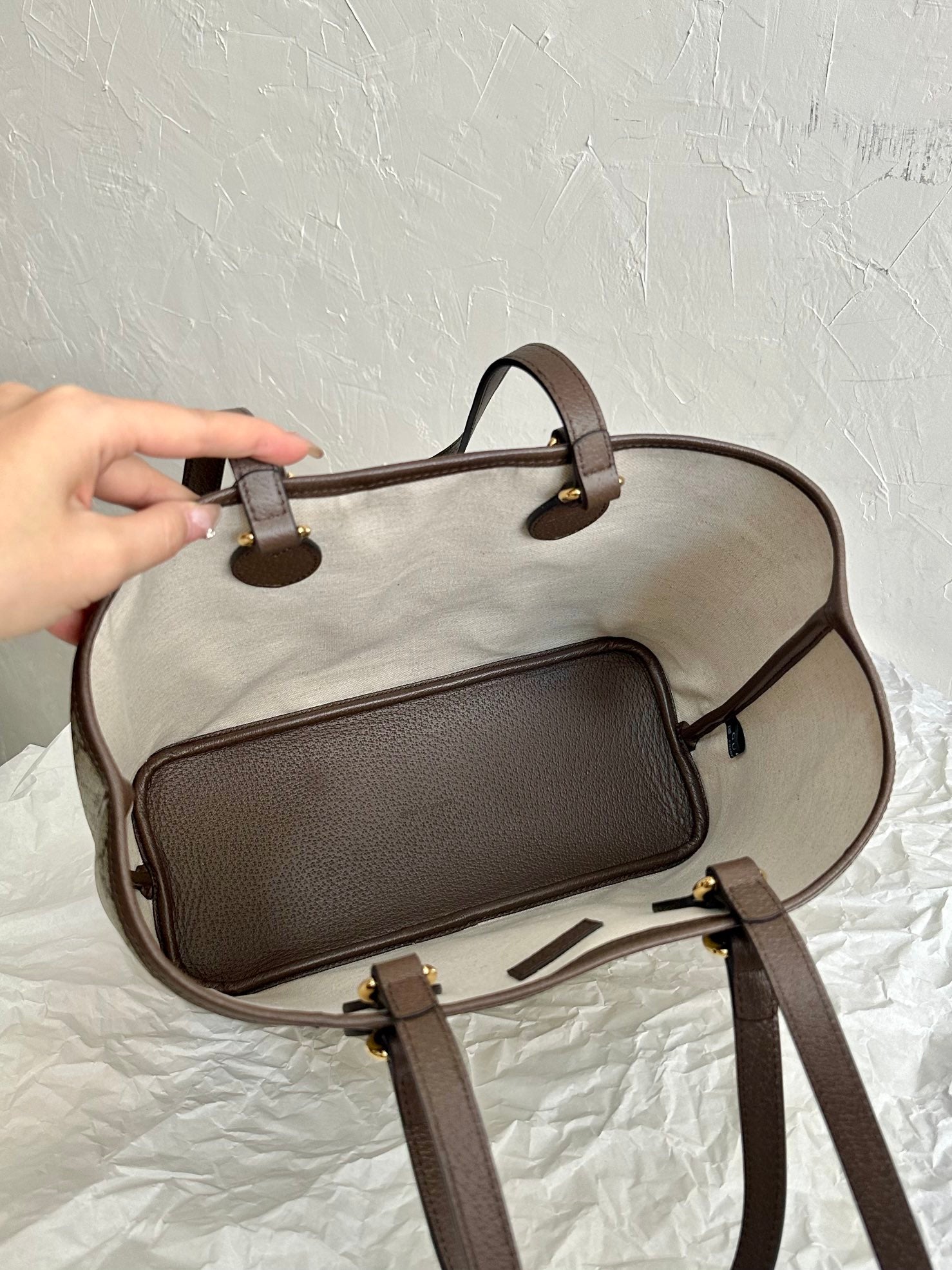 OPHIDIA PETIT SAC CABAS 31 TOILE BEIGE ET CUIR DE VEAU MARRON