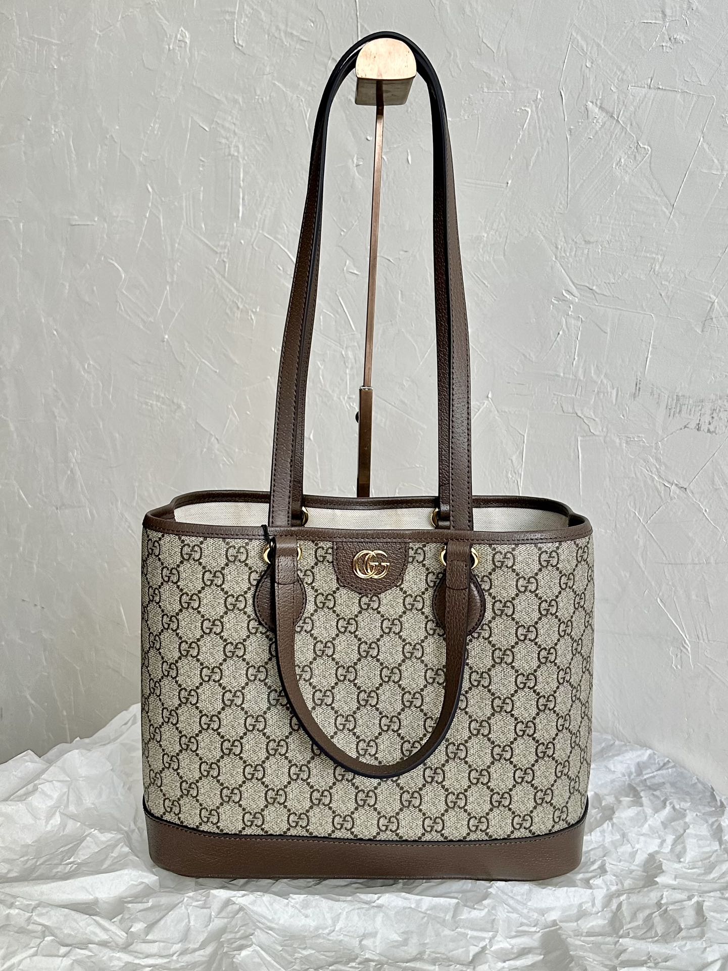 OPHIDIA PETIT SAC CABAS 31 TOILE BEIGE ET CUIR DE VEAU MARRON
