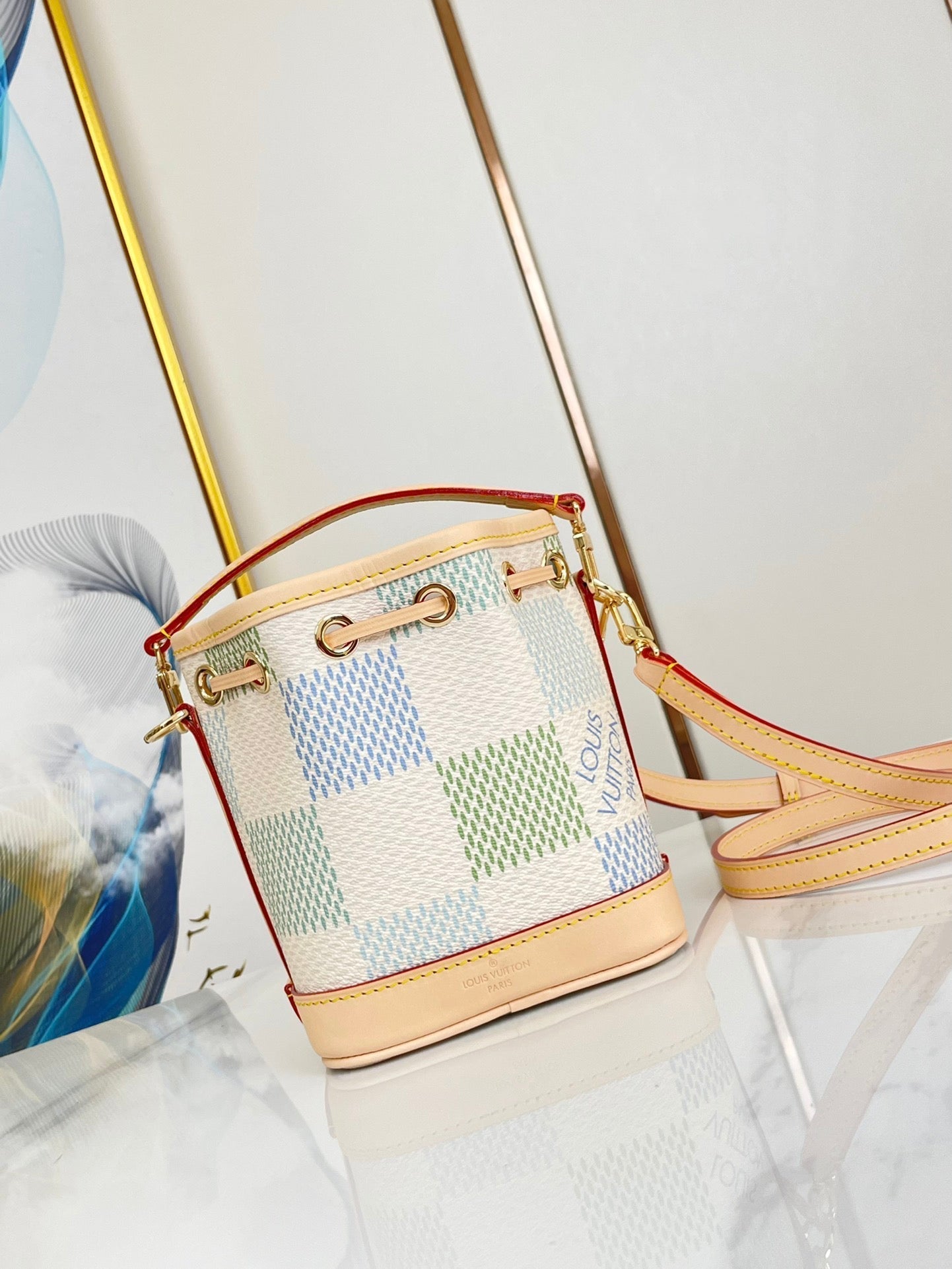 NANO NOÉ 16 EN TOILE GÉANTE DAMIER PISTACHE QUINCAILLERIE DORÉ