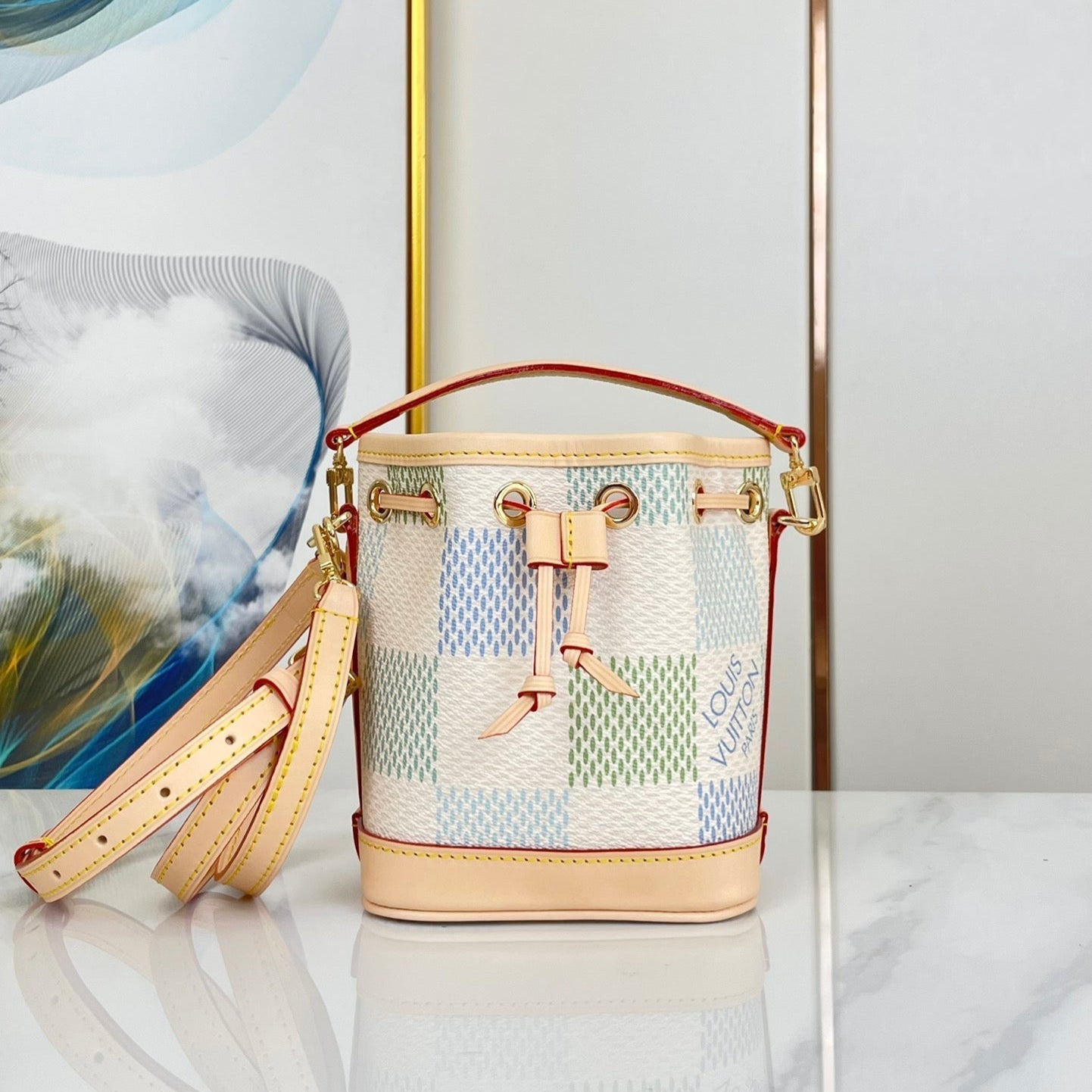 NANO NOÉ 16 EN TOILE GÉANTE DAMIER PISTACHE QUINCAILLERIE DORÉ