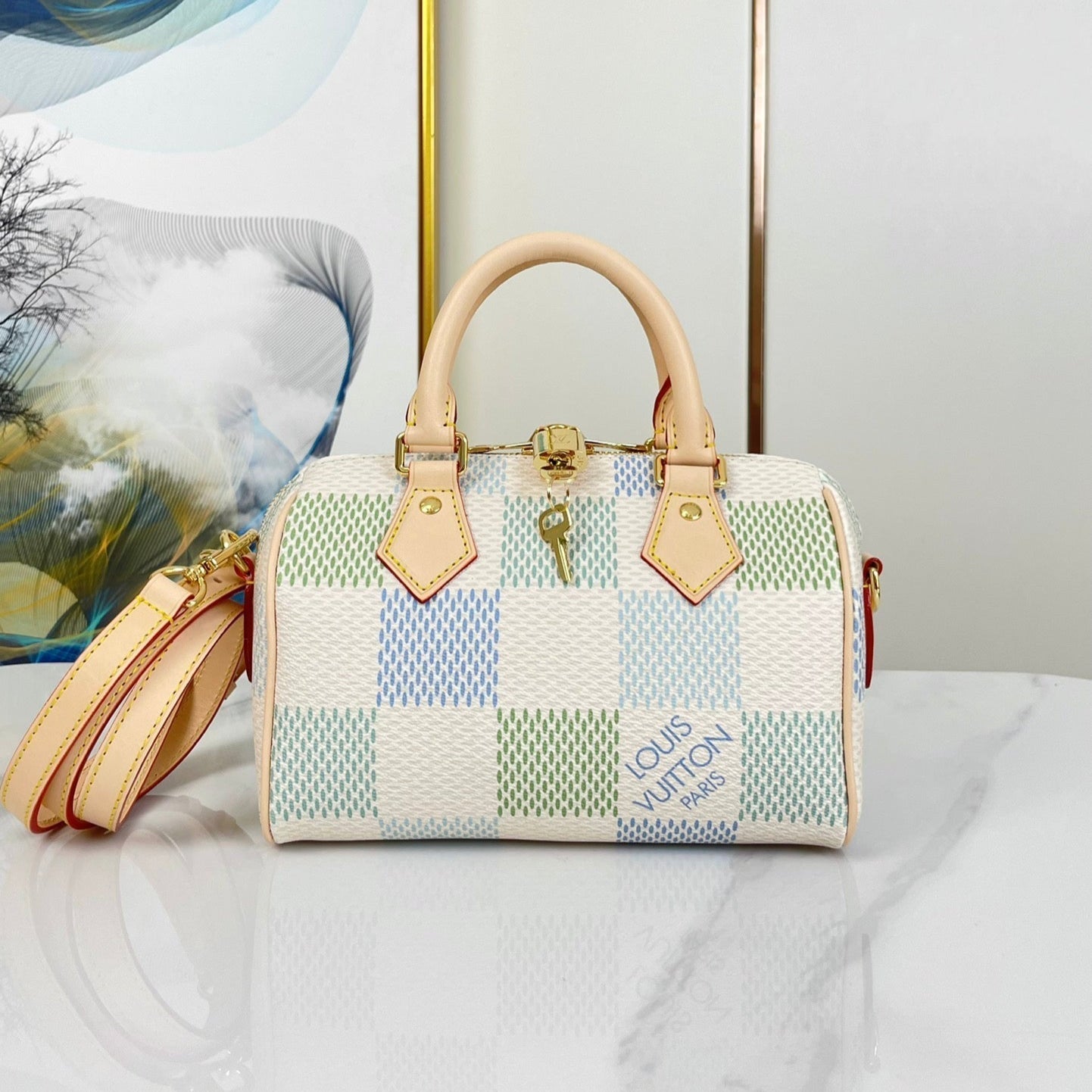 SPEEDY BANDOULIÈRE 20 EN TOILE GÉANTE DAMIER PISTACHE MATÉRIEL OR