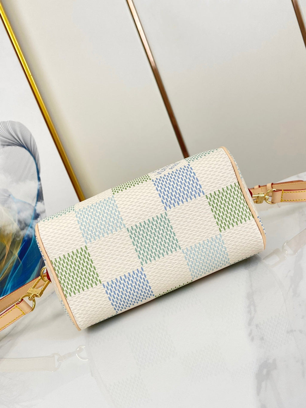 SPEEDY BANDOULIÈRE 20 EN TOILE GÉANTE DAMIER PISTACHE MATÉRIEL OR