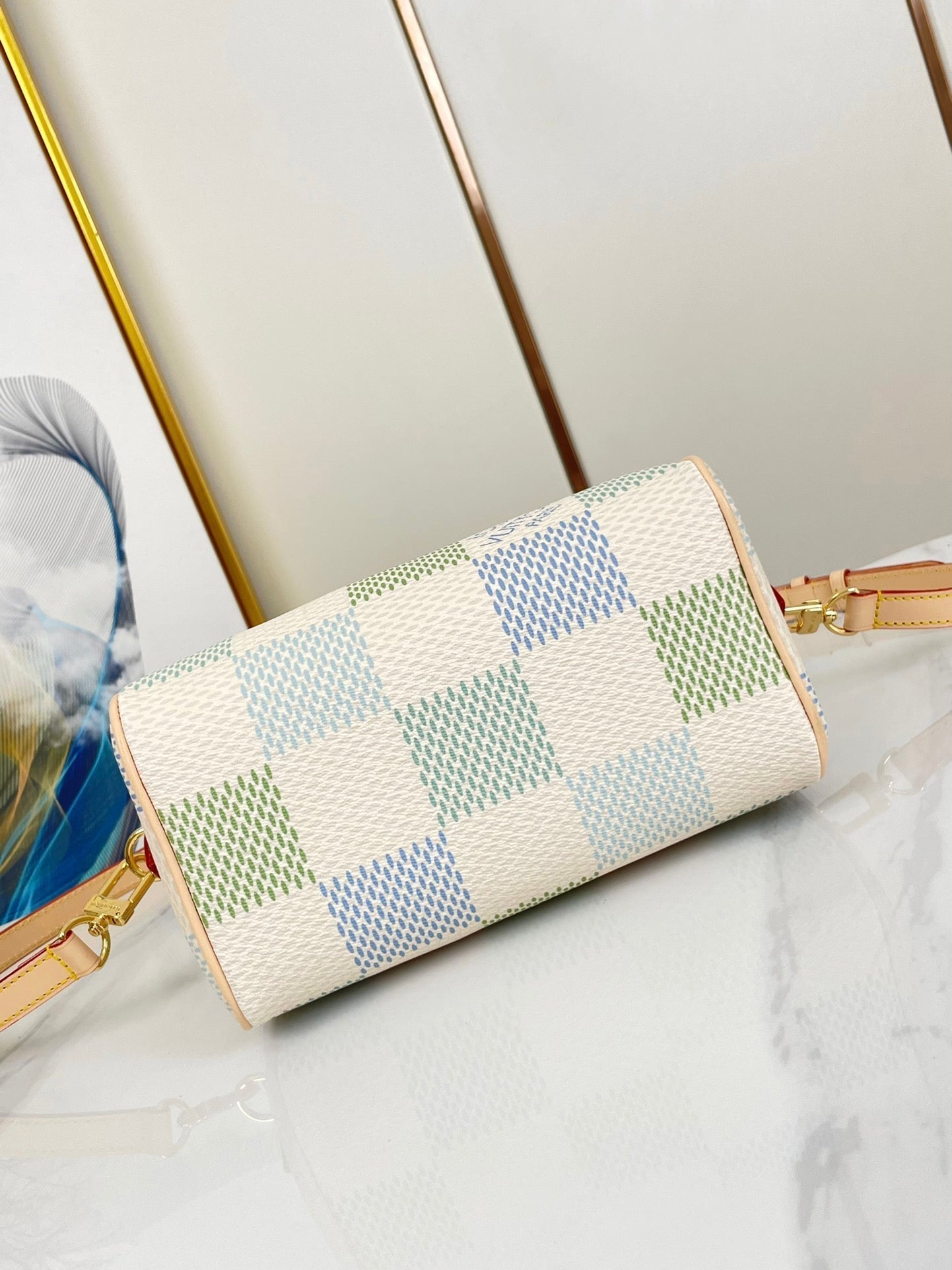SPEEDY BANDOULIÈRE 20 EN TOILE GÉANTE DAMIER PISTACHE MATÉRIEL OR