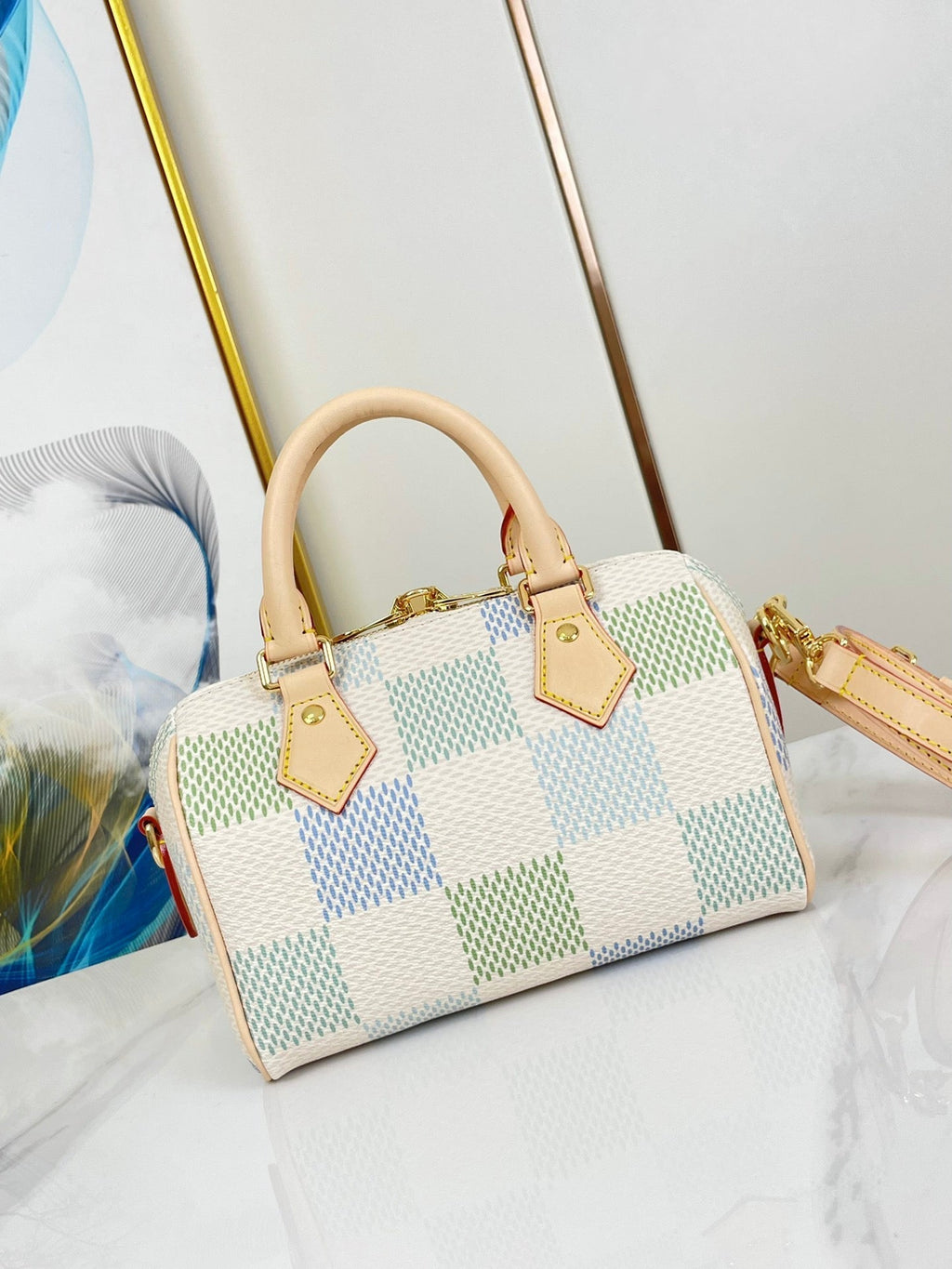 SPEEDY BANDOULIÈRE 20 EN TOILE GÉANTE DAMIER PISTACHE MATÉRIEL OR