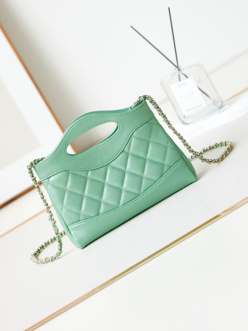 CC 24S31 NANO SHOPPING BAG 17.5CM LIGHT GREEN LAMBSKIN GOLD HARDWARE