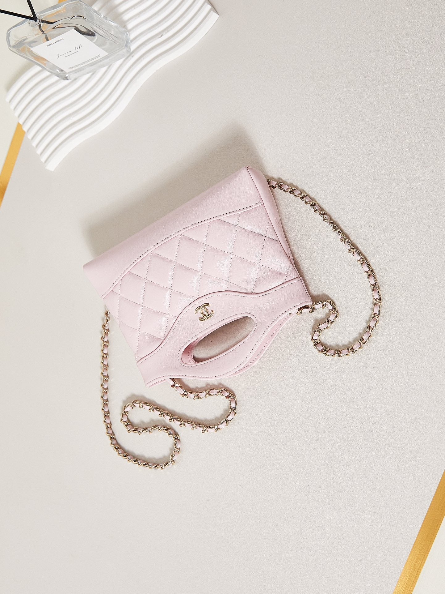 CC 24S31 NANO SHOPPING BAG 17.5CM LIGHT PINK LAMBSKIN GOLD HARDWARE