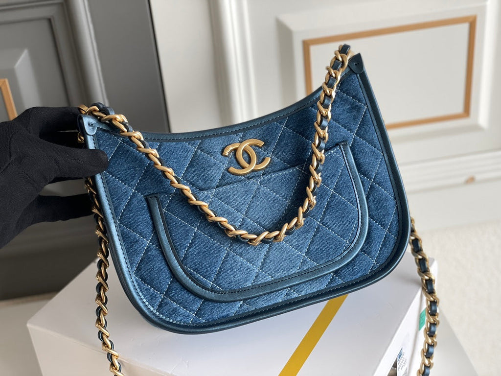 Sac Hobo CC 24S 20 cm Bleu Denim Quincaillerie Dorée