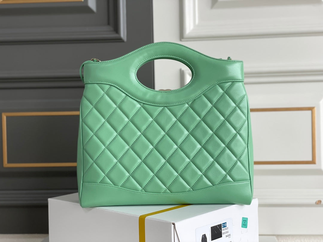 CC 24S31 SHOPPING BAG 30CM LIGHT GREEN LAMBSKIN SILVER HARDWARE