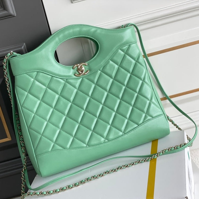 CC 24S31 SHOPPING BAG 30CM LIGHT GREEN LAMBSKIN SILVER HARDWARE