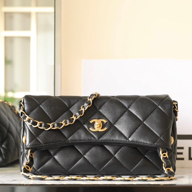 CC 24P HOBO BAG 28CM BLACK LAMBSKIN GOLD HARDWARE