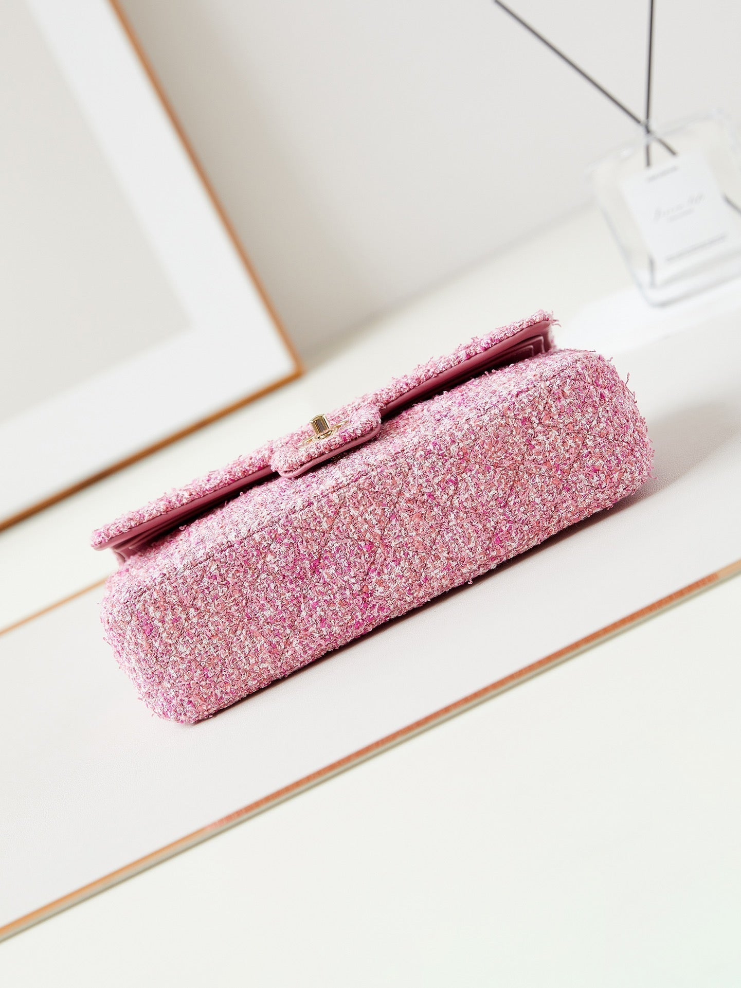 24P MEDIUM CLASSIC 25CM PINK TWEED GOLD HARDWARE