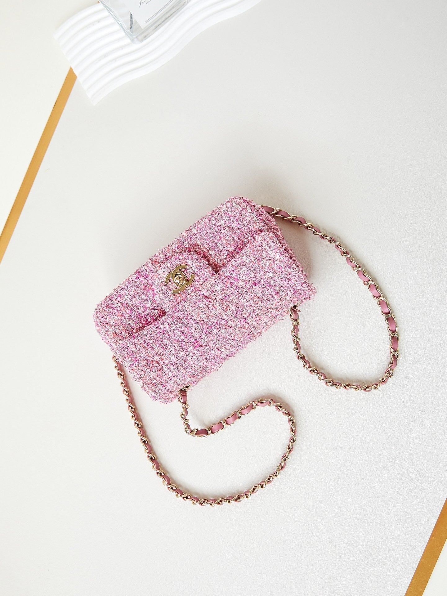 24P MINI CLASSIC 20CM PINK TWEED GOLD HARDWARE