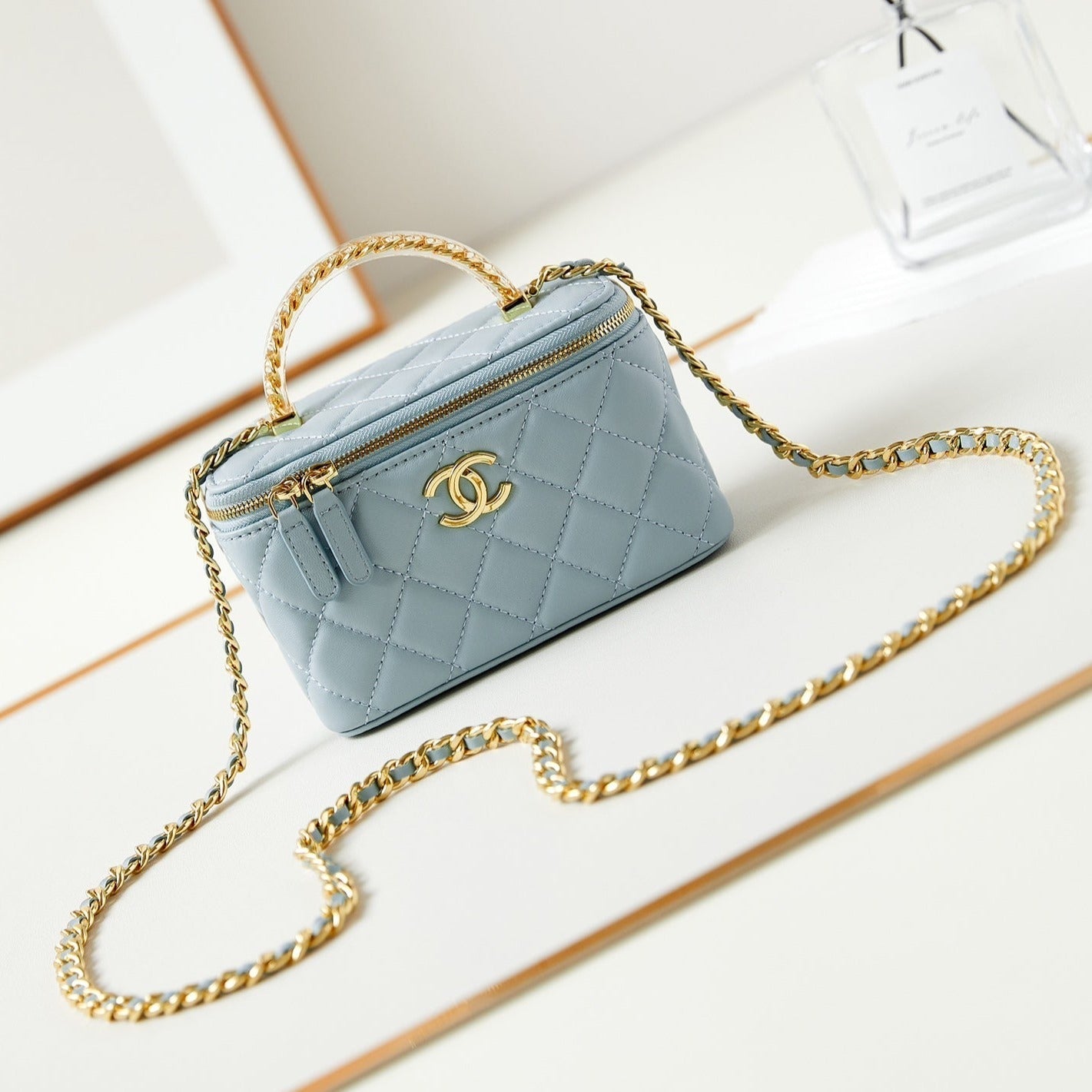 24A VANITY 17CM CLOUD BLUE LAMBSKIN GOLD HARDWARE