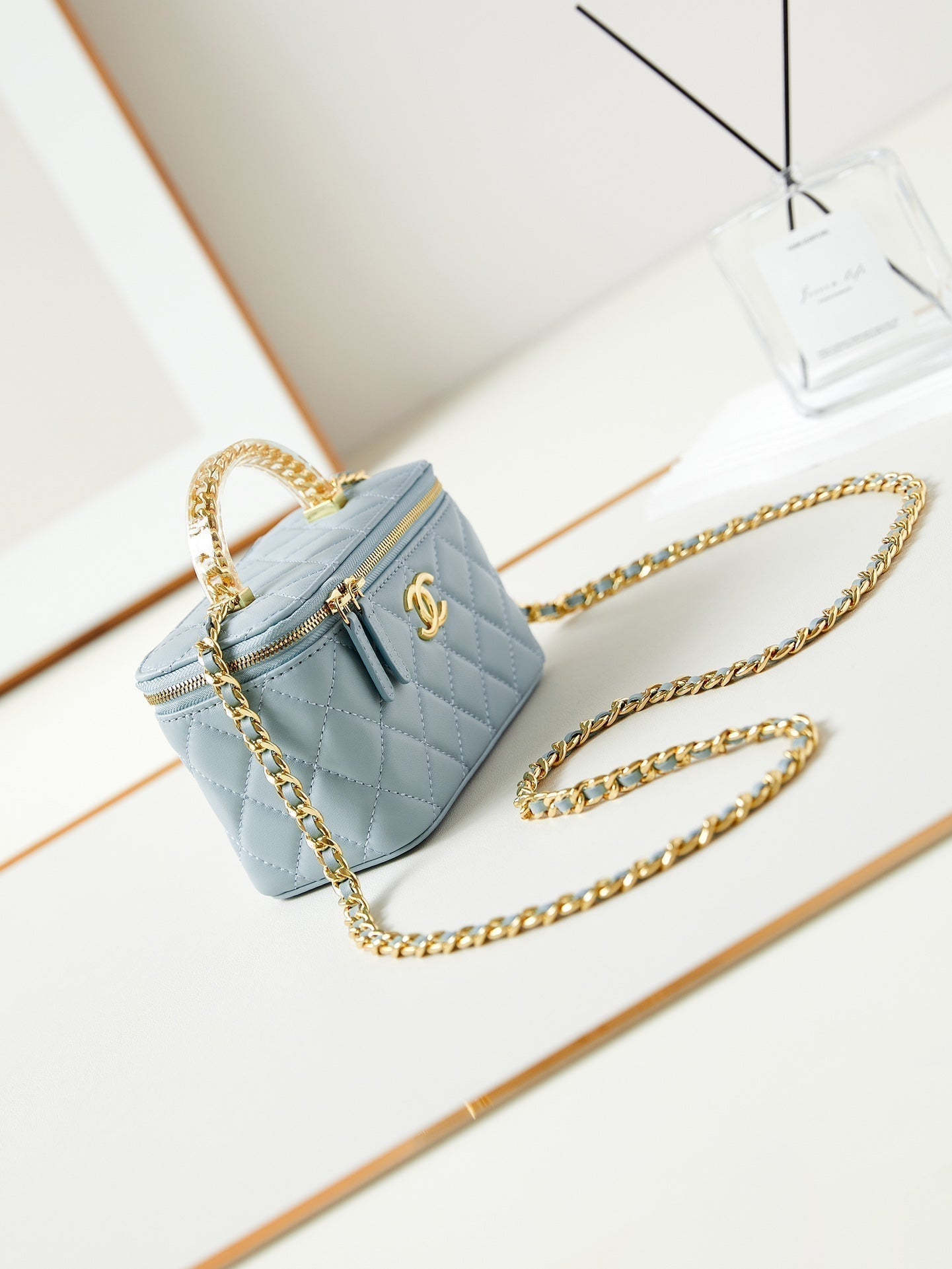 24A VANITY 17CM CLOUD BLUE LAMBSKIN GOLD HARDWARE
