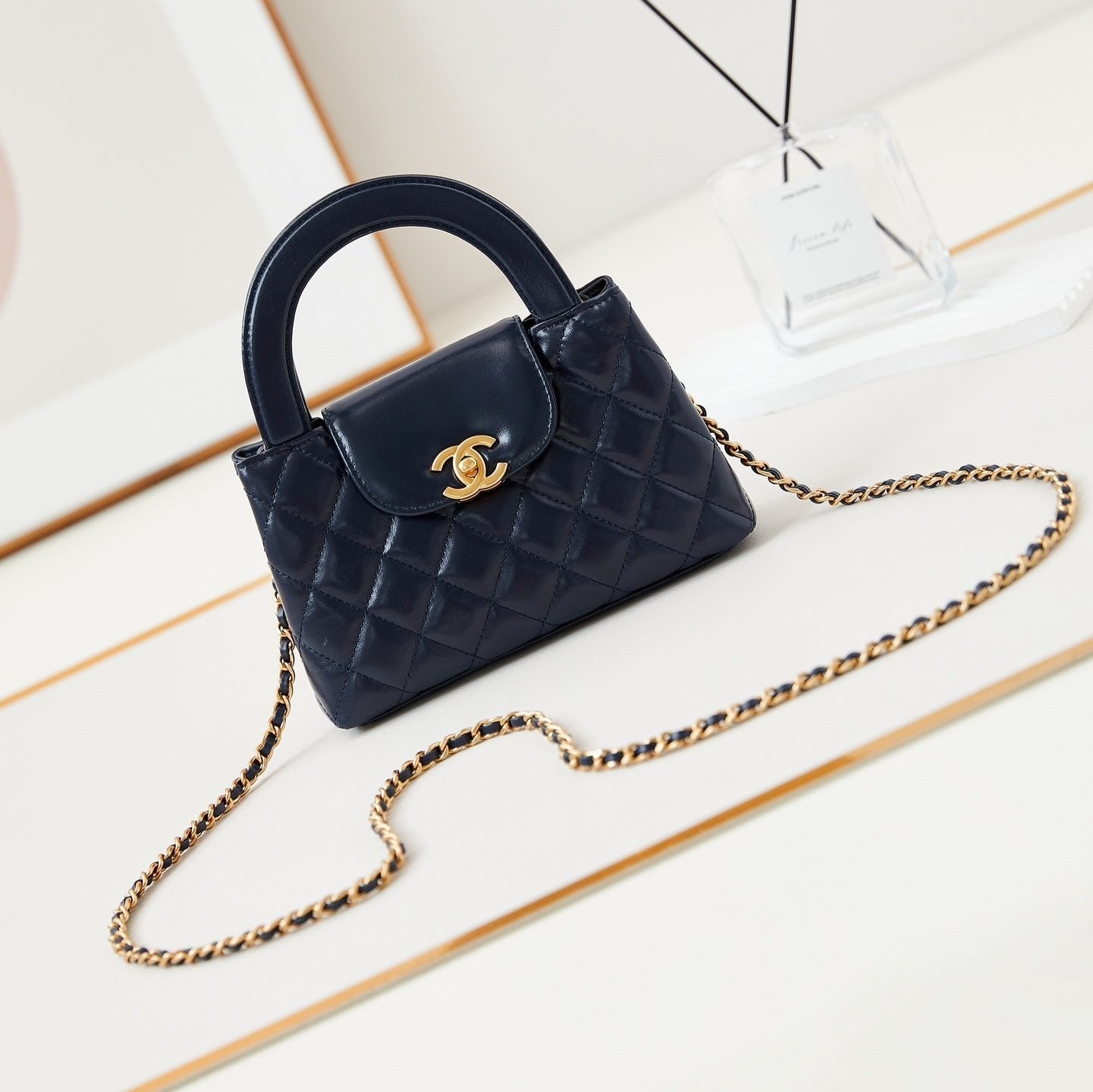 CC 24A NANO 19CM KELLY SHOPPER BAG NAVY BLUE LAMBSKIN