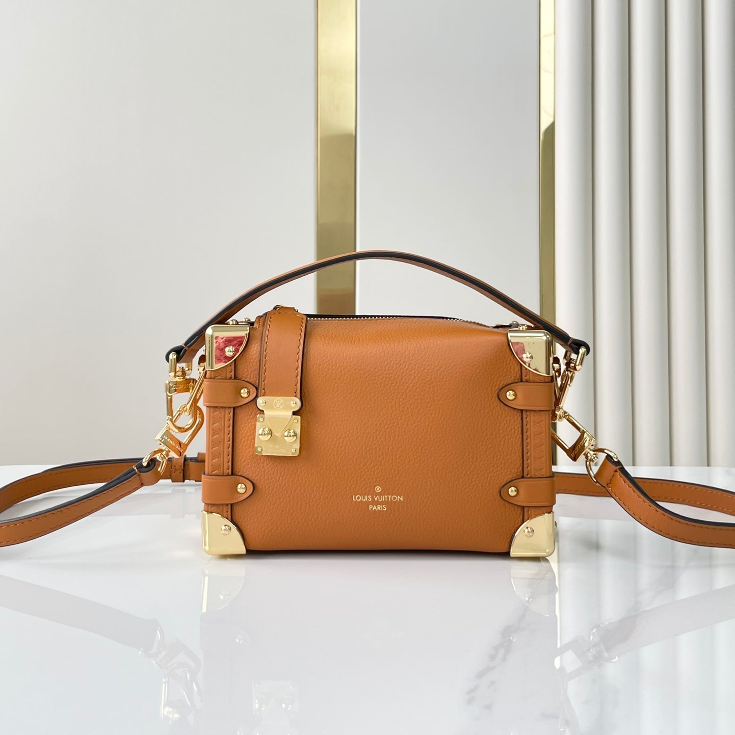 COFFRE LATÉRAL MINI 18 EN CUIR DE VEAU ORANGE MARRON QUINCAILLERIE DORÉ