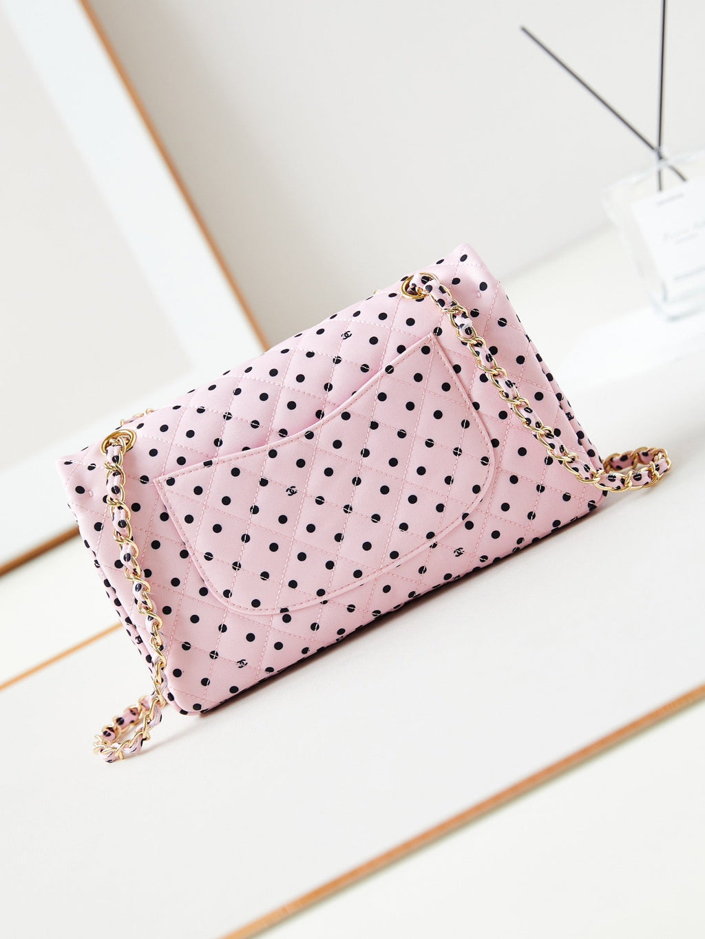 24P MEDIUM FLAP BAG 25CM PINK CANVAS BLACK POLKA DOT